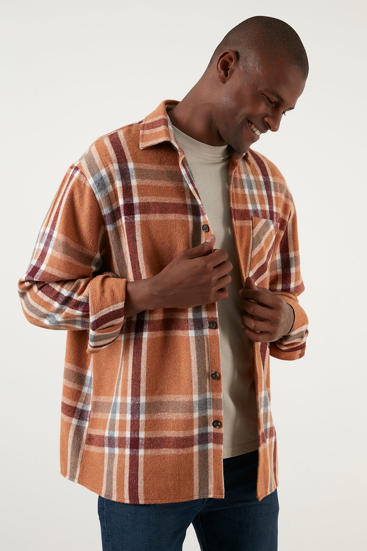 Buratti Ekoseli Tek Cepli Regular Fit Kışlık Oduncu Erkek Gömlek CF23W194571 CAMEL