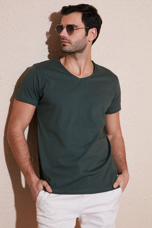 Buratti Pamuklu Slim Fit V Yaka Basic Erkek T Shirt 5412001 HAKİ