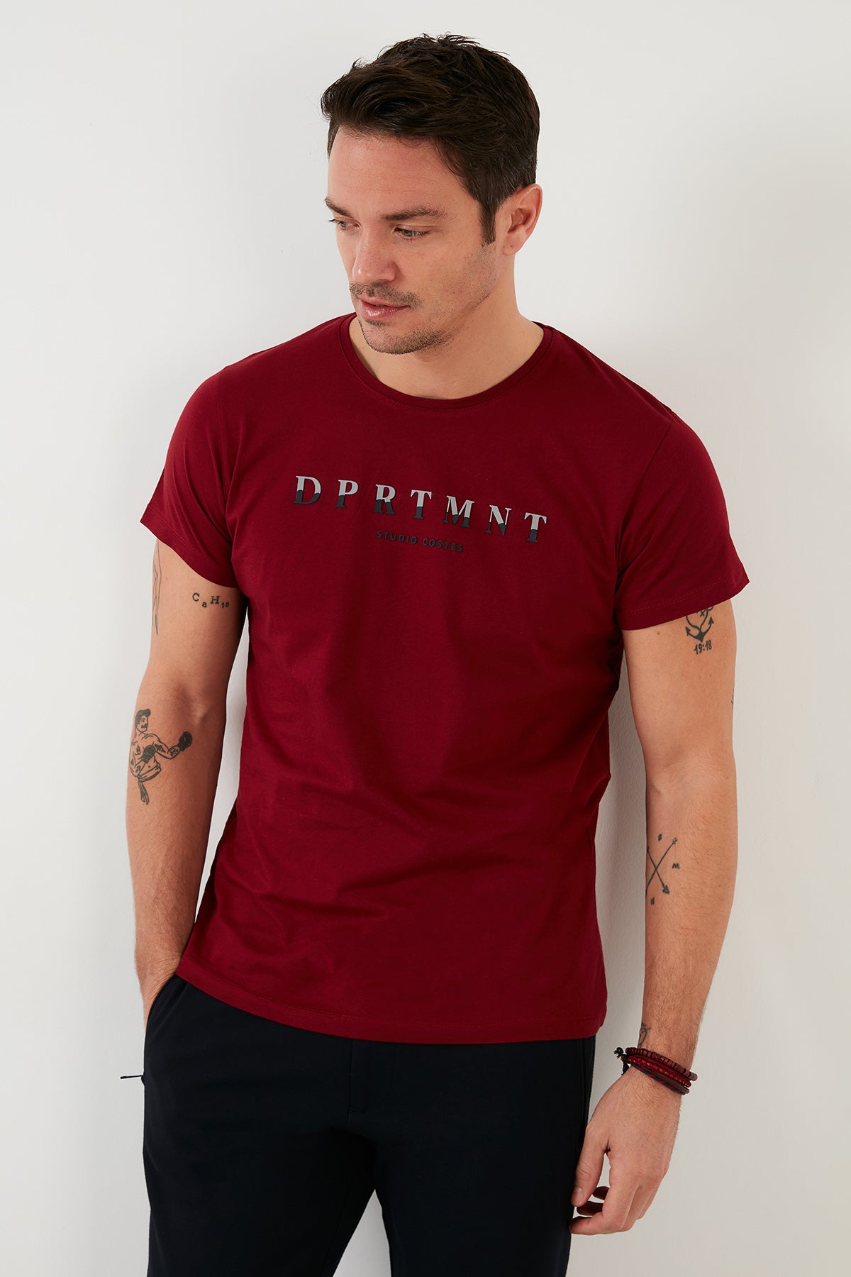 Buratti Baskılı % 100 Pamuk Bisiklet Yaka Slim Fit Erkek T Shirt 541DPRTMINT BORDO