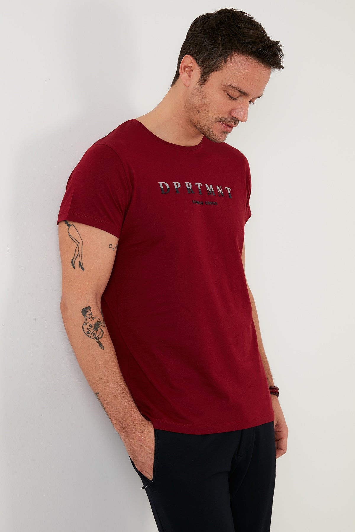 Buratti Baskılı % 100 Pamuk Bisiklet Yaka Slim Fit Erkek T Shirt 541DPRTMINT BORDO