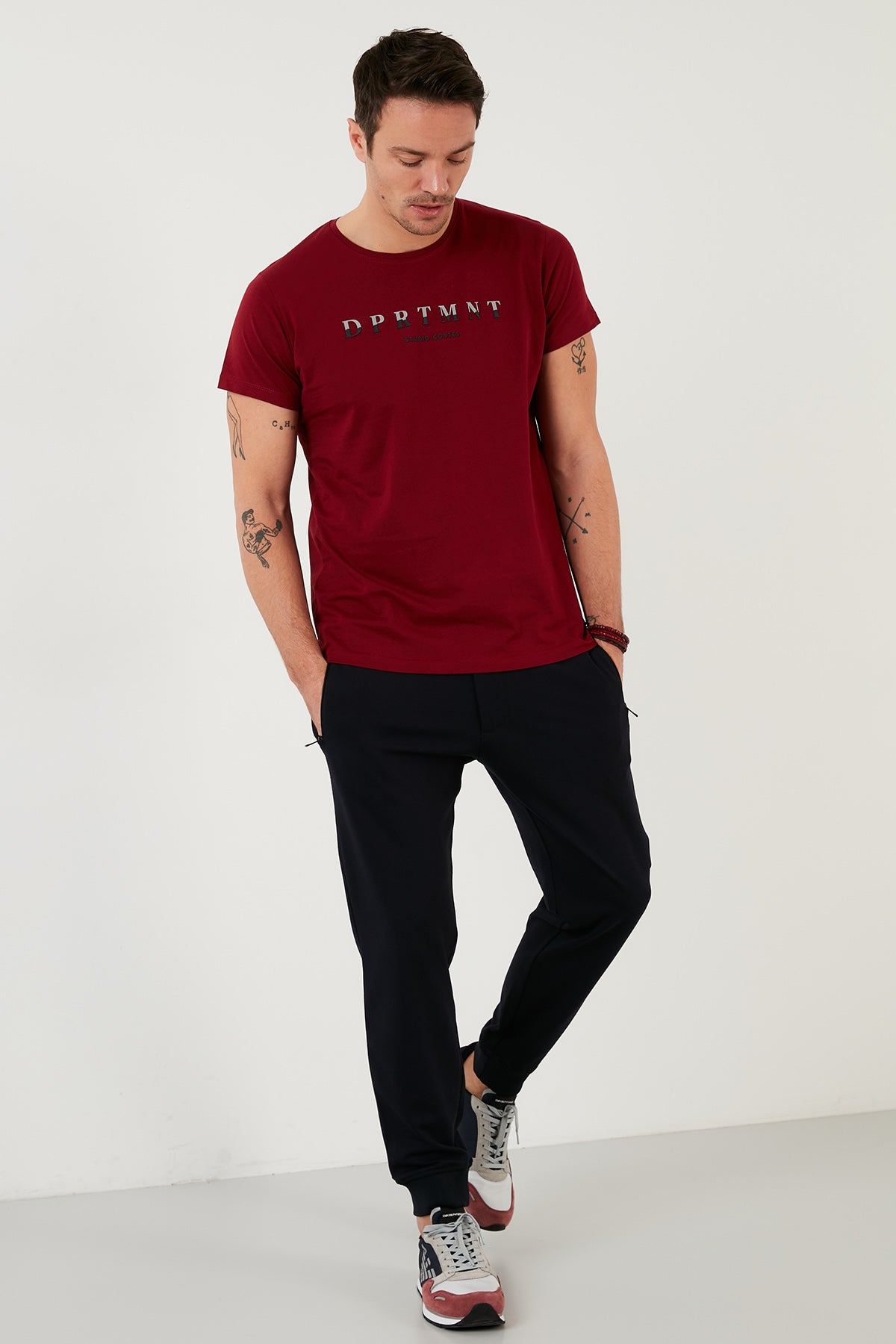 Buratti Baskılı % 100 Pamuk Bisiklet Yaka Slim Fit Erkek T Shirt 541DPRTMINT BORDO