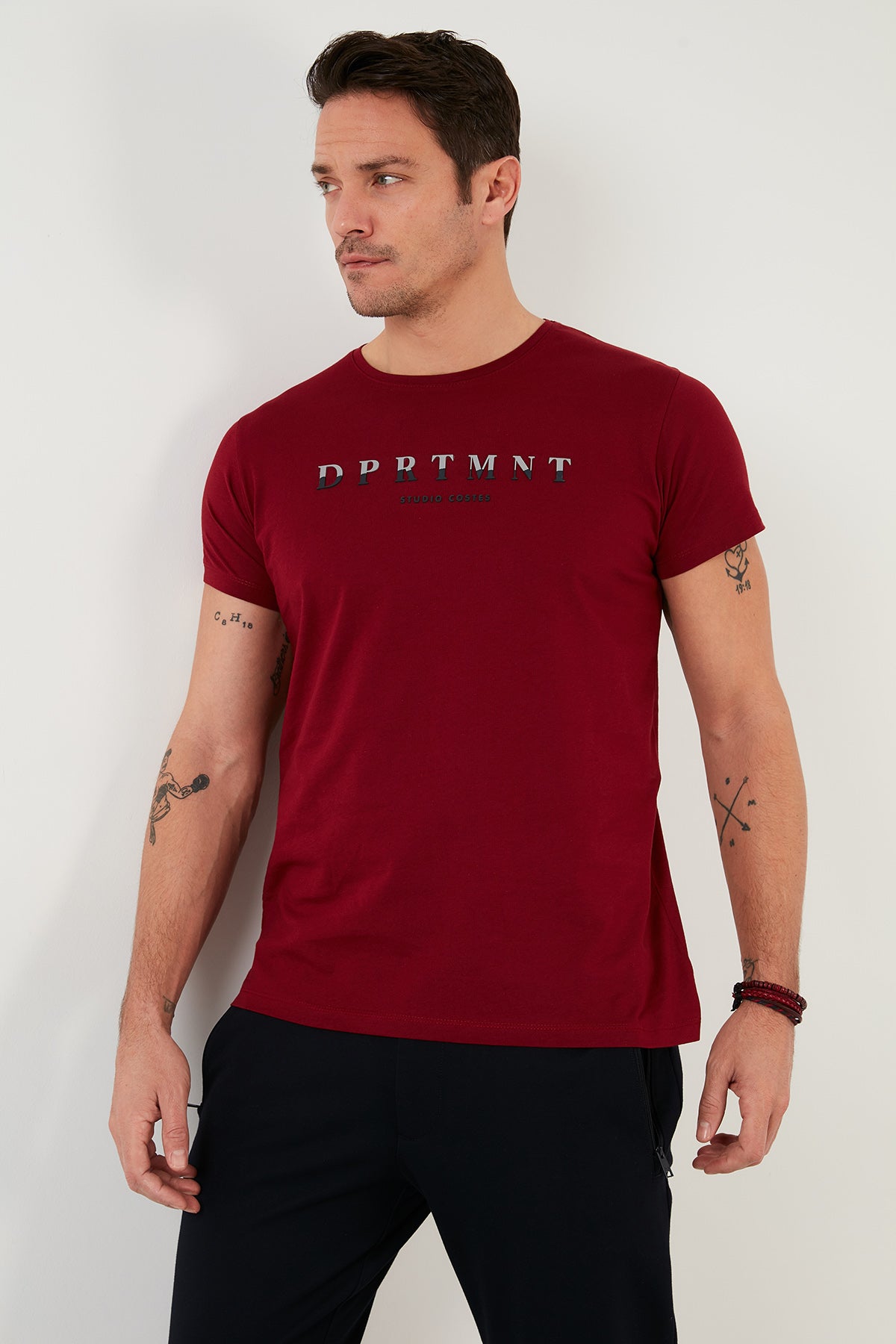 Buratti Baskılı % 100 Pamuk Bisiklet Yaka Slim Fit Erkek T Shirt 541DPRTMINT BORDO