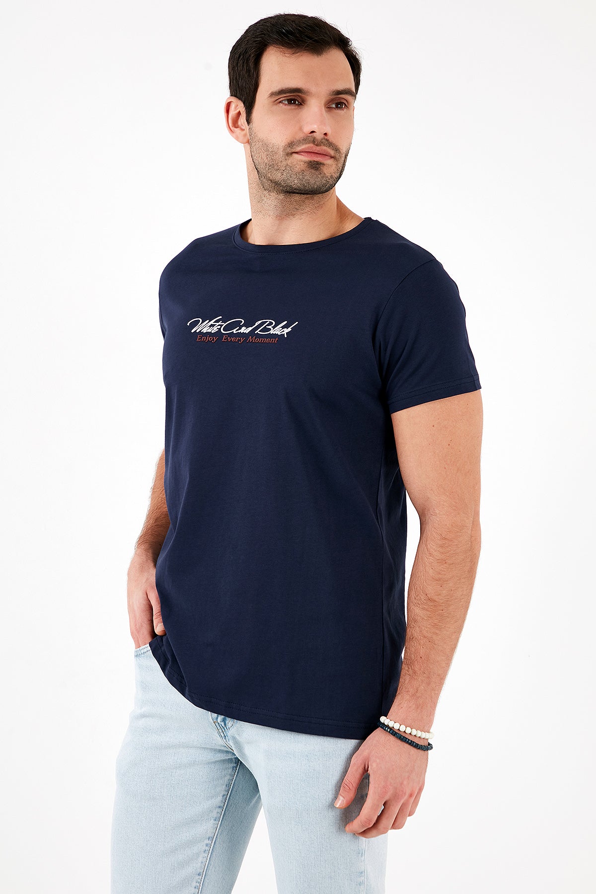 Buratti Pamuklu Slim Fit Bisiklet Yaka Yazılı Erkek T Shirt 541ENJOY LACİVERT