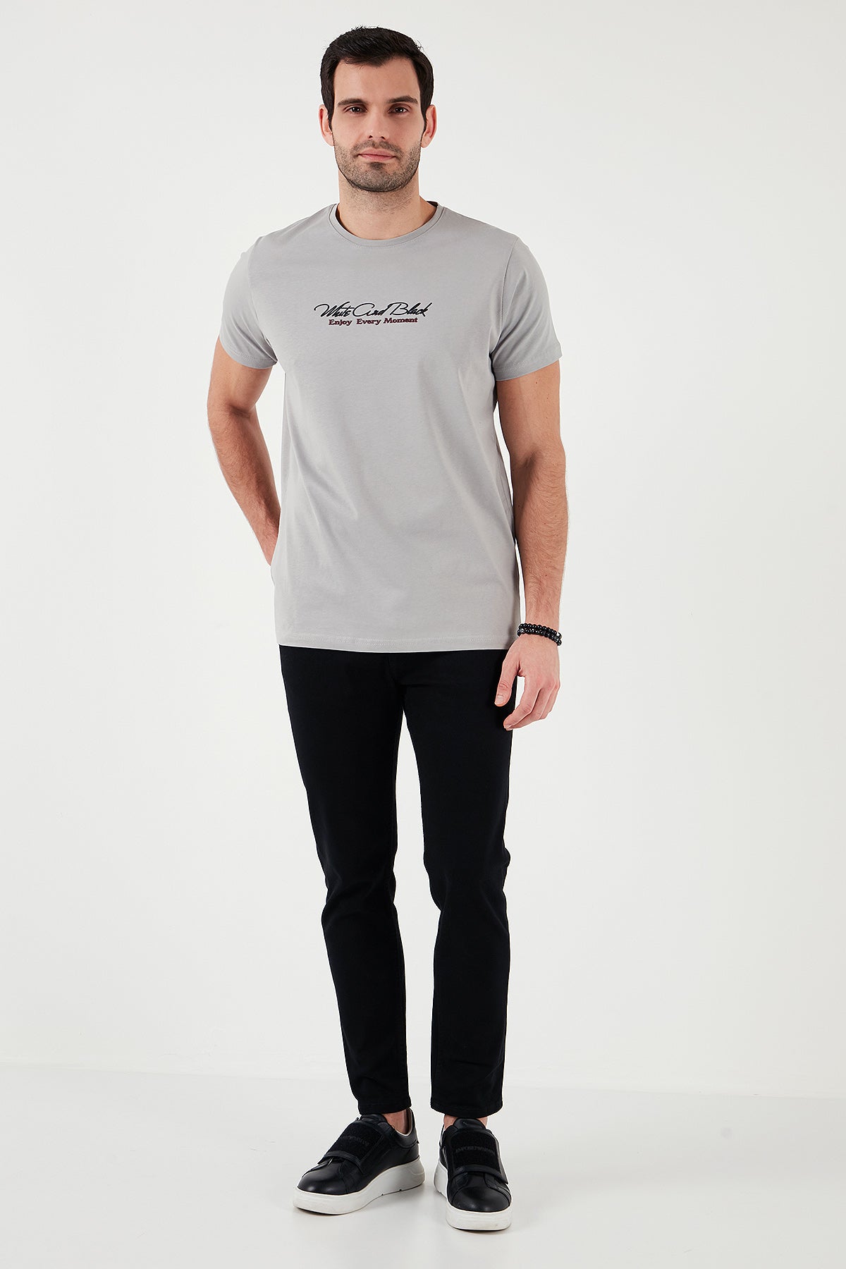 Buratti Pamuklu Slim Fit Bisiklet Yaka Yazılı Erkek T Shirt 541ENJOY AÇIK GRİ