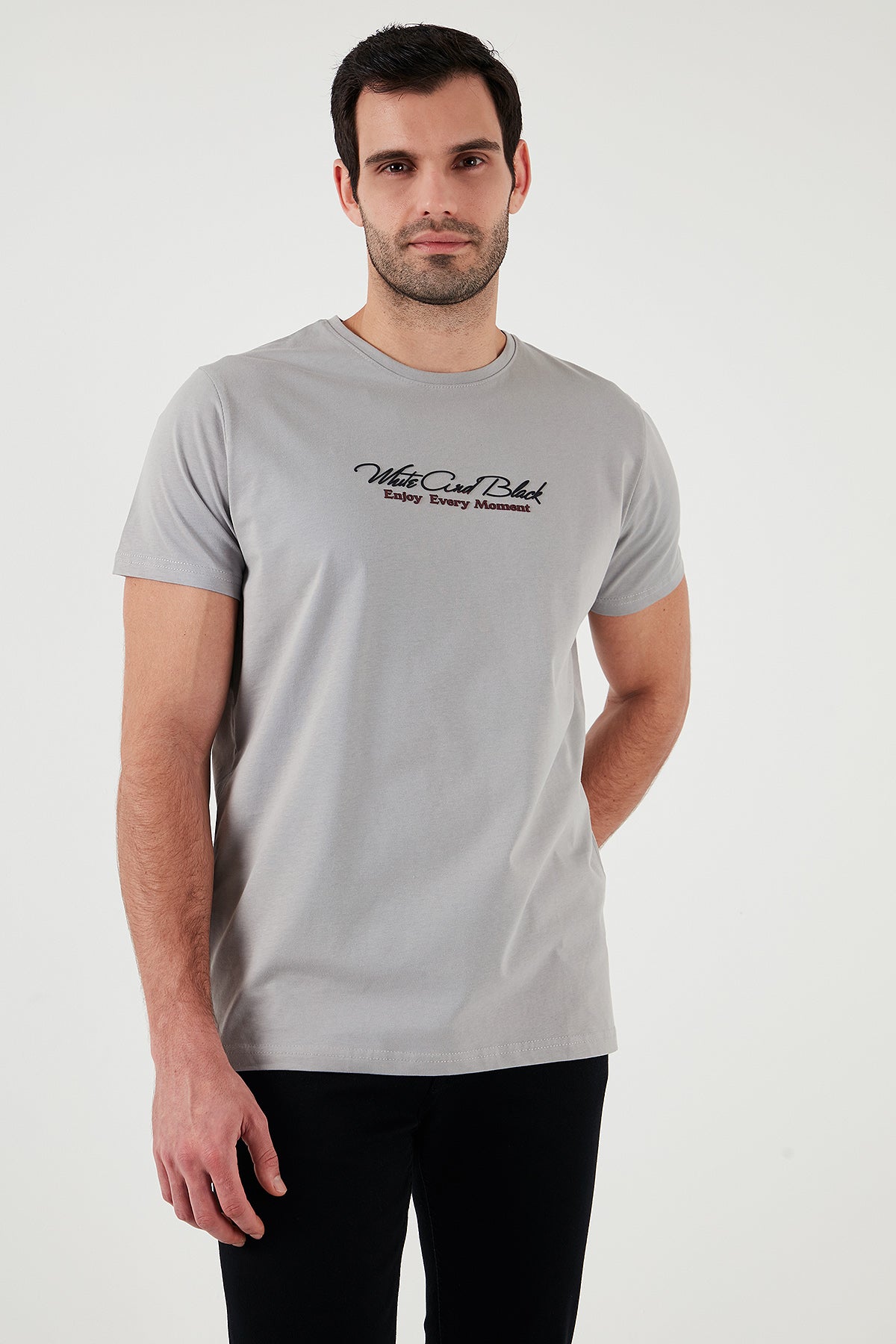 Buratti Pamuklu Slim Fit Bisiklet Yaka Yazılı Erkek T Shirt 541ENJOY AÇIK GRİ