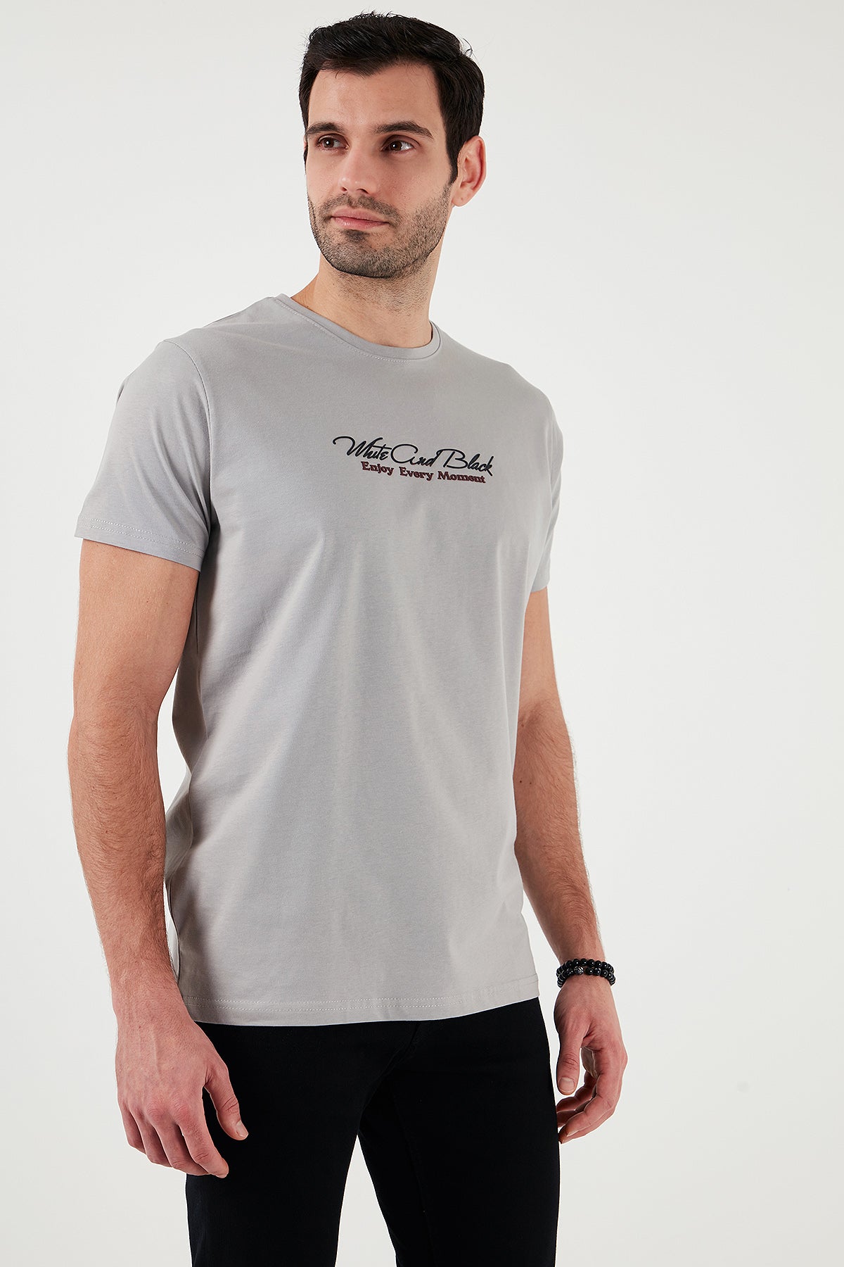 Buratti Pamuklu Slim Fit Bisiklet Yaka Yazılı Erkek T Shirt 541ENJOY AÇIK GRİ