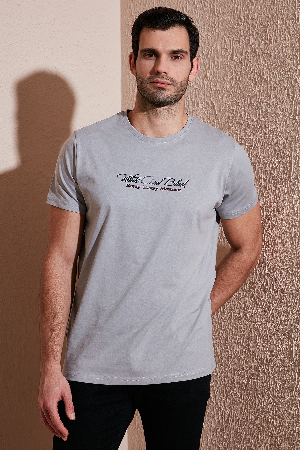 Buratti Pamuklu Slim Fit Bisiklet Yaka Yazılı Erkek T Shirt 541ENJOY AÇIK GRİ