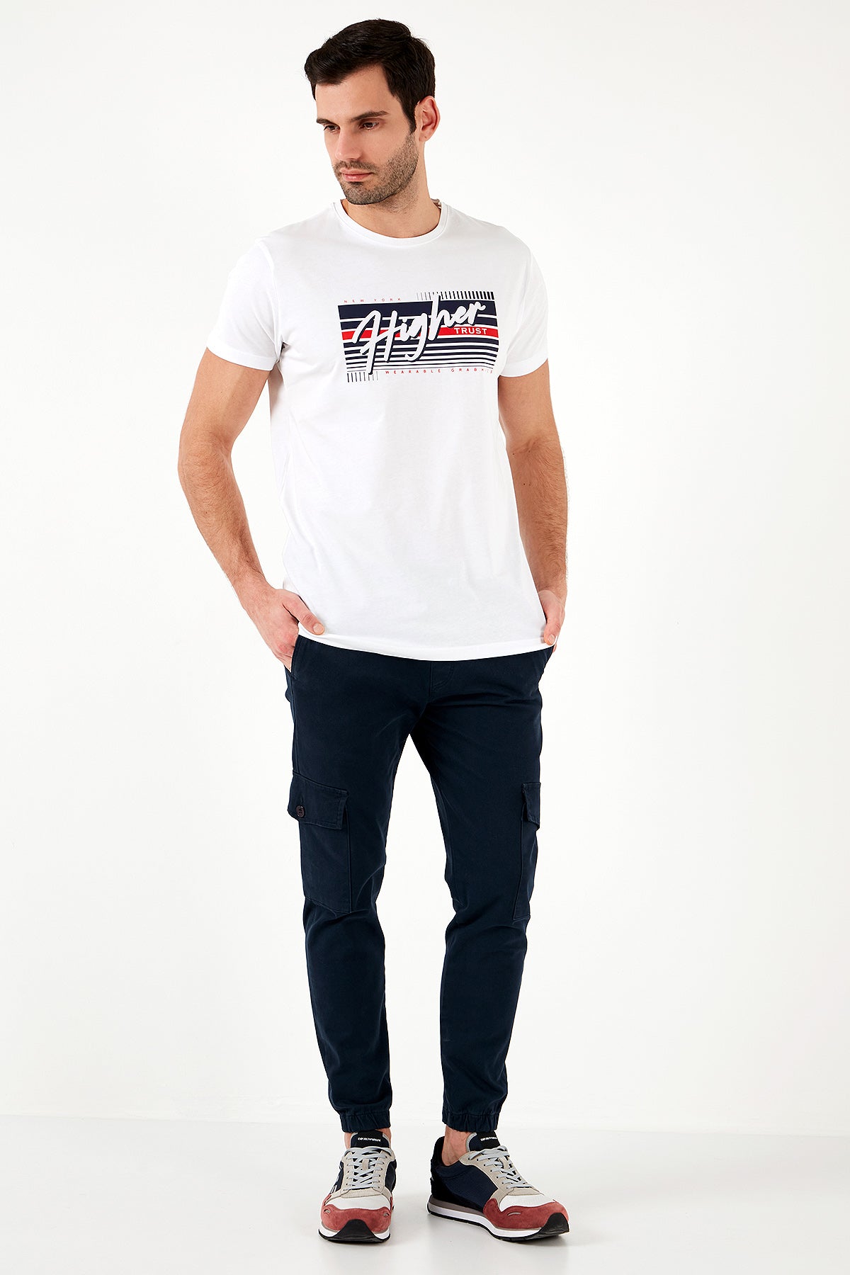 Buratti Pamuklu Slim Fit Bisiklet Yaka Baskılı Erkek T Shirt 541HIGHER BEYAZ