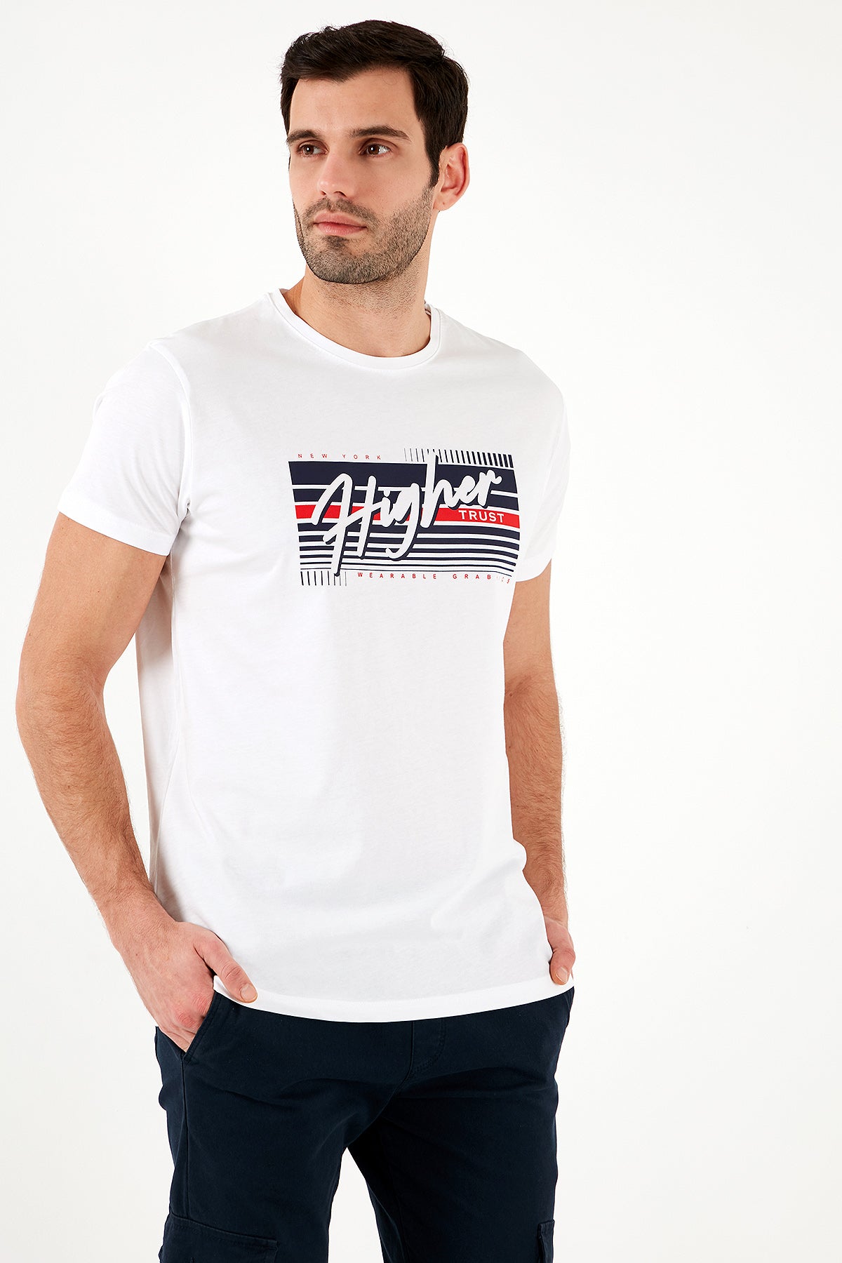 Buratti Pamuklu Slim Fit Bisiklet Yaka Baskılı Erkek T Shirt 541HIGHER BEYAZ