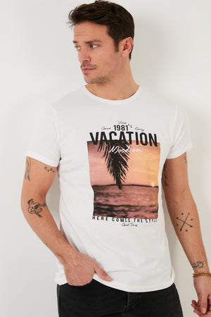 Buratti Baskılı % 100 Pamuk Bisiklet Yaka Slim Fit Erkek T Shirt 541VACATION EKRU