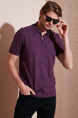 Buratti Pamuklu Regular Fit Yarım Fermuarlı Erkek Polo Yaka T Shirt 5901029 MÜRDÜM