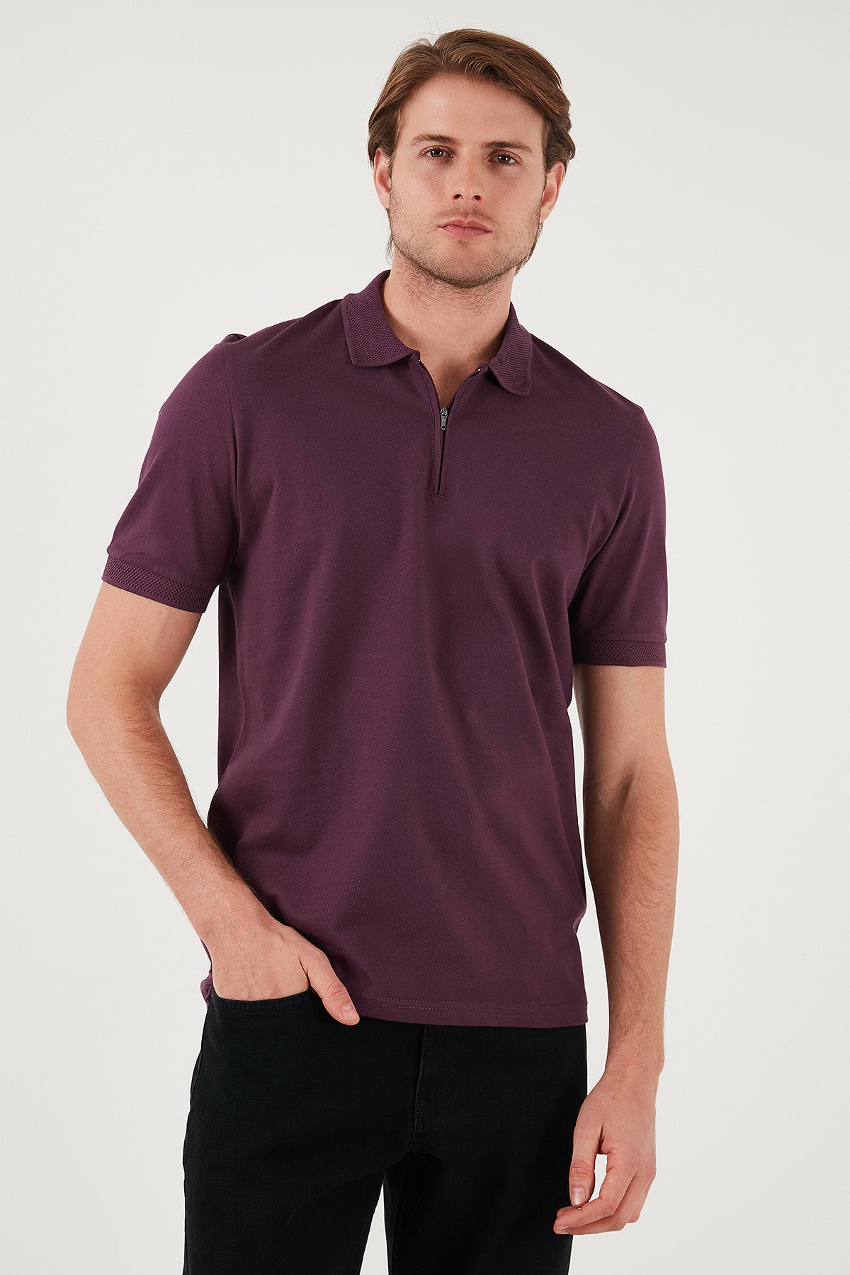 Buratti Pamuklu Regular Fit Yarım Fermuarlı Erkek Polo Yaka T Shirt 5901029 MÜRDÜM