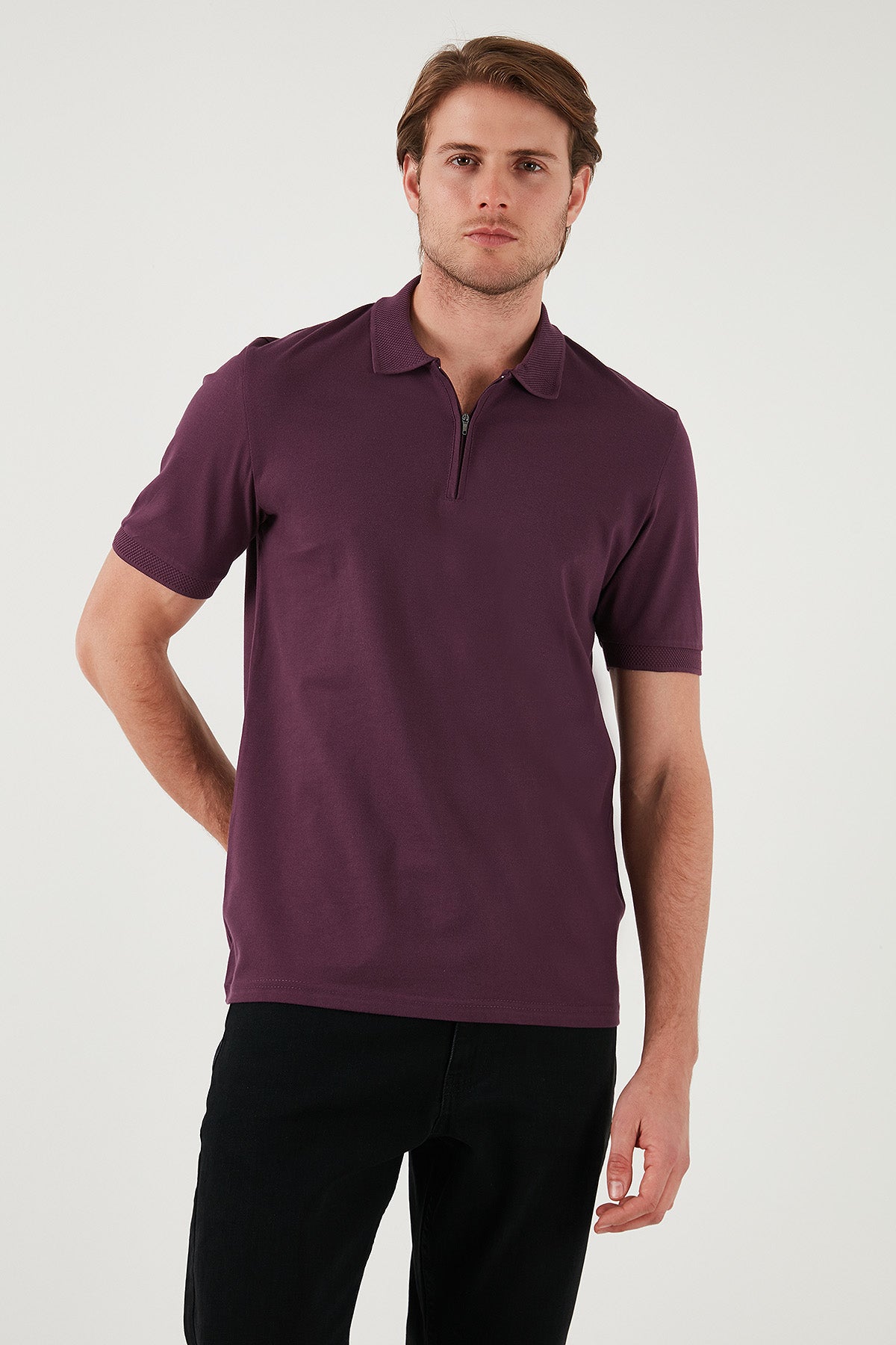 Buratti Pamuklu Regular Fit Yarım Fermuarlı Erkek Polo Yaka T Shirt 5901029 MÜRDÜM