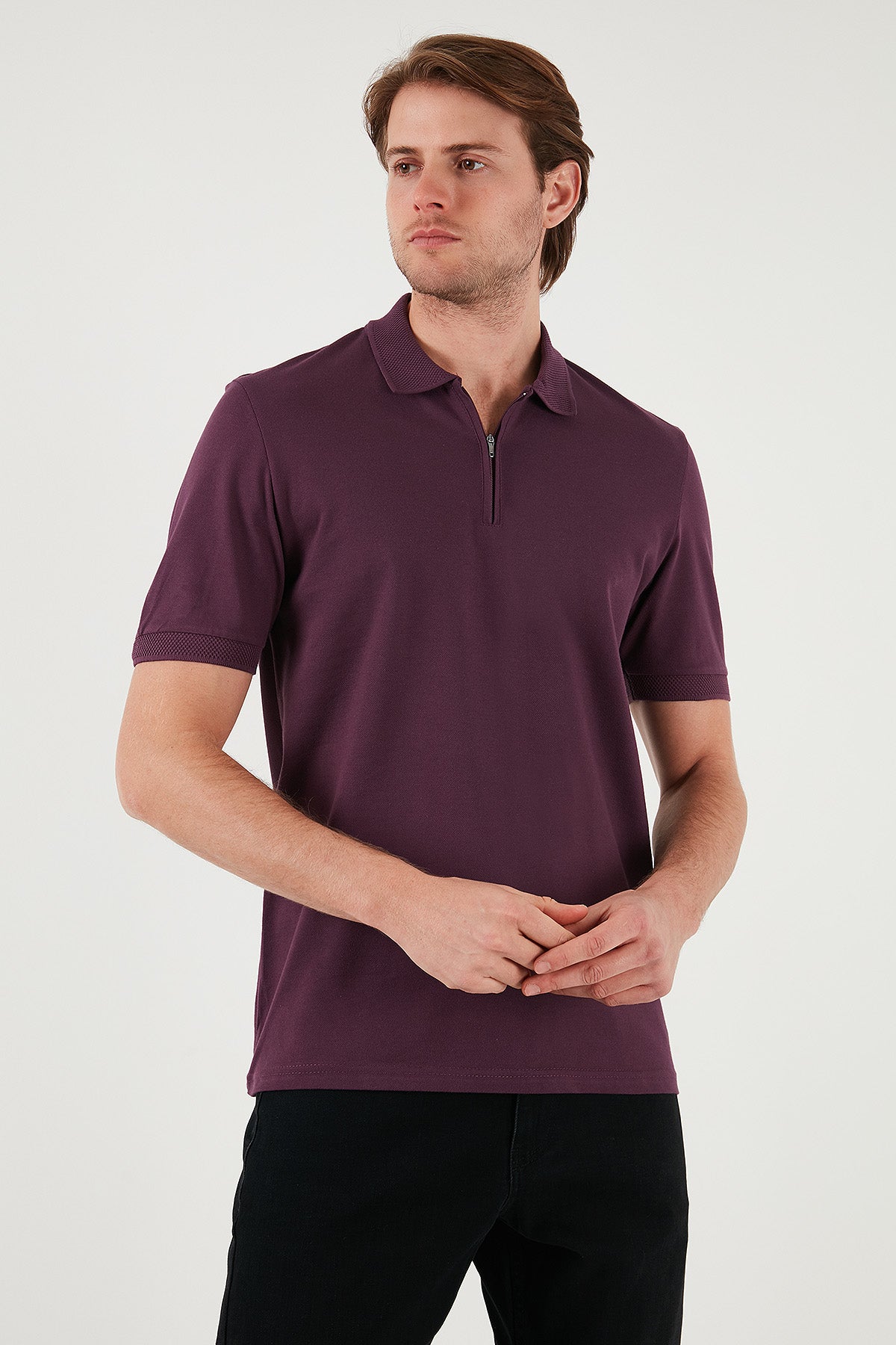 Buratti Pamuklu Regular Fit Yarım Fermuarlı Erkek Polo Yaka T Shirt 5901029 MÜRDÜM