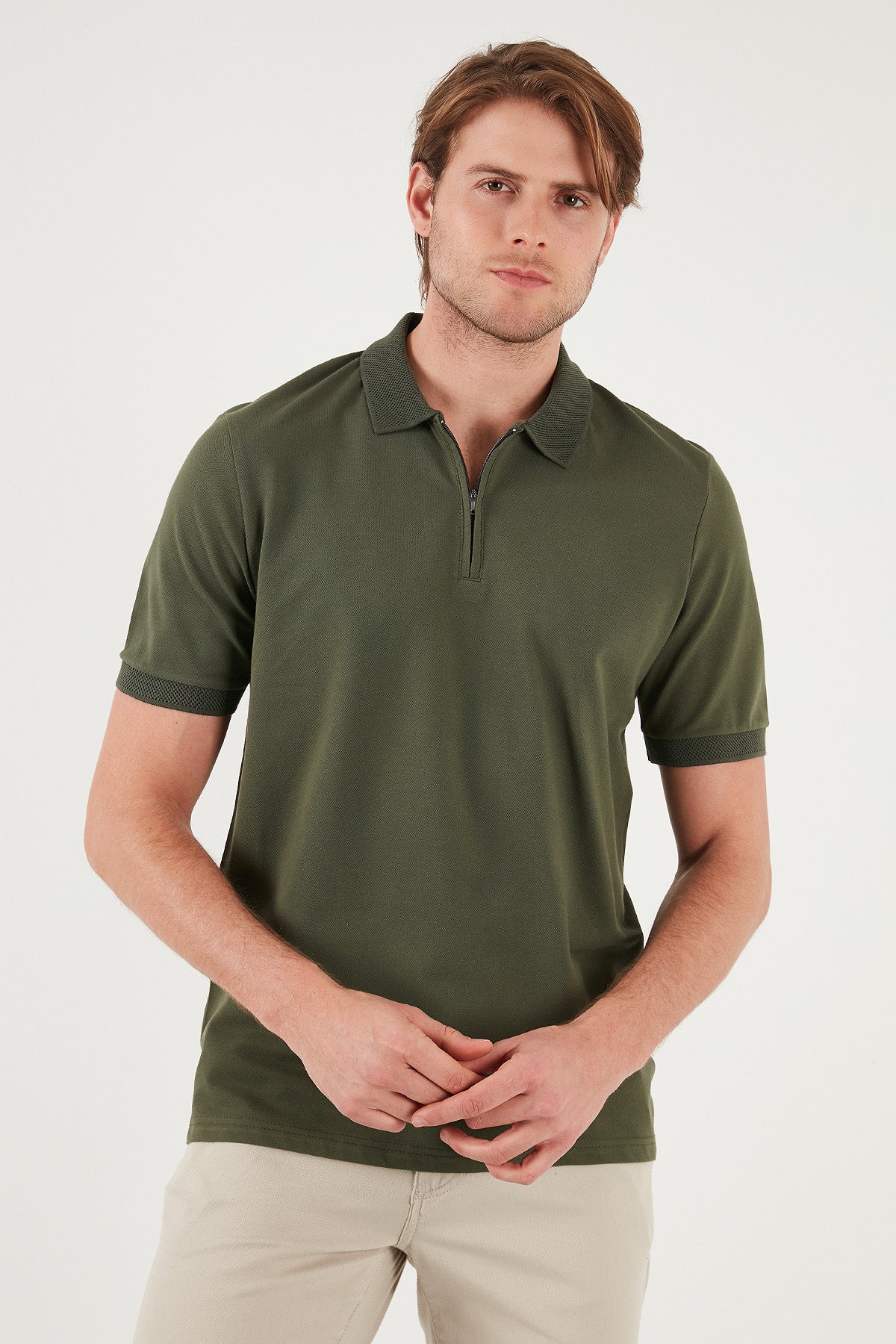 Buratti Pamuklu Regular Fit Yarım Fermuarlı Erkek Polo Yaka T Shirt 5901029 HAKİ