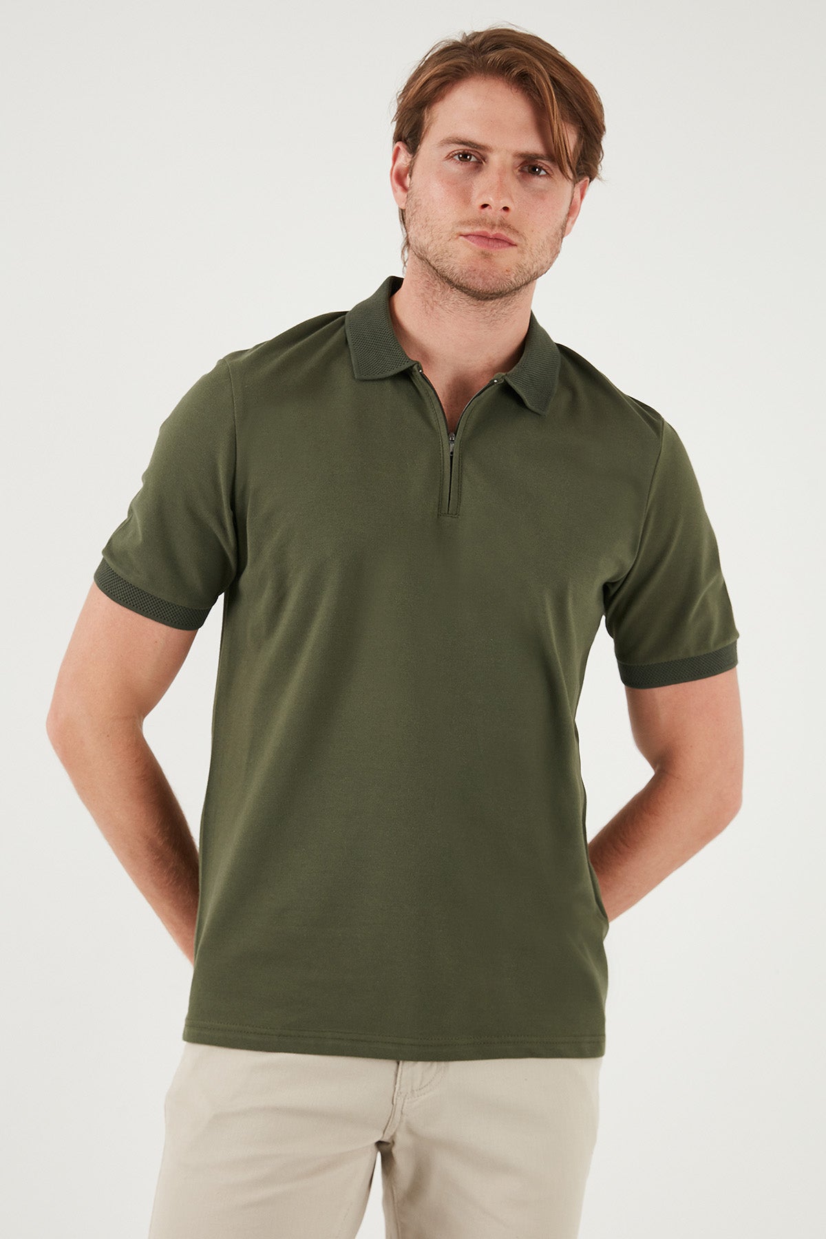 Buratti Pamuklu Regular Fit Yarım Fermuarlı Erkek Polo Yaka T Shirt 5901029 HAKİ