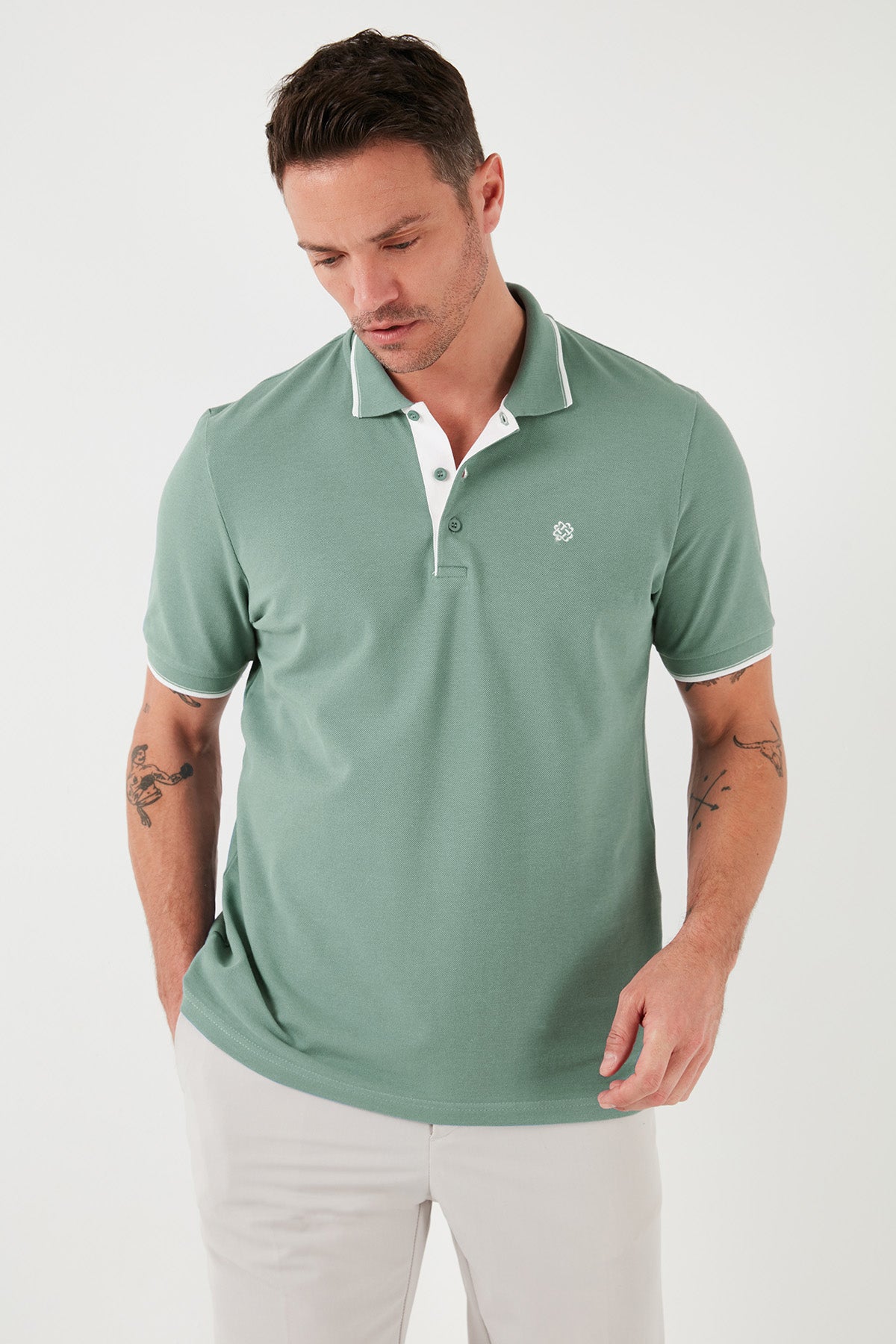 Buratti % 100 Pamuk Düğmeli Slim Fit Erkek Polo Yaka T Shirt 5902118 Elma Yeşili-Beyaz