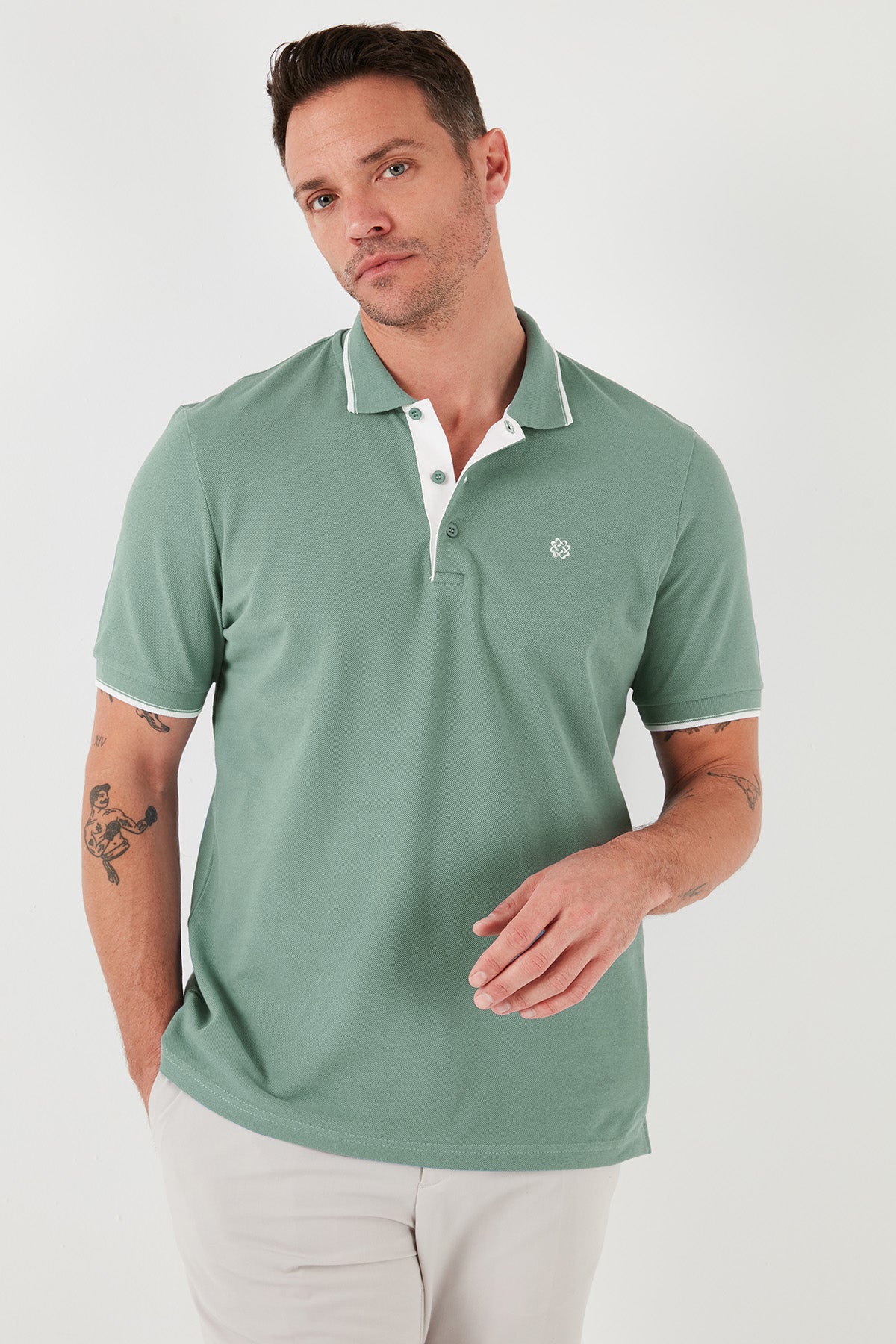 Buratti % 100 Pamuk Düğmeli Slim Fit Erkek Polo Yaka T Shirt 5902118 Elma Yeşili-Beyaz