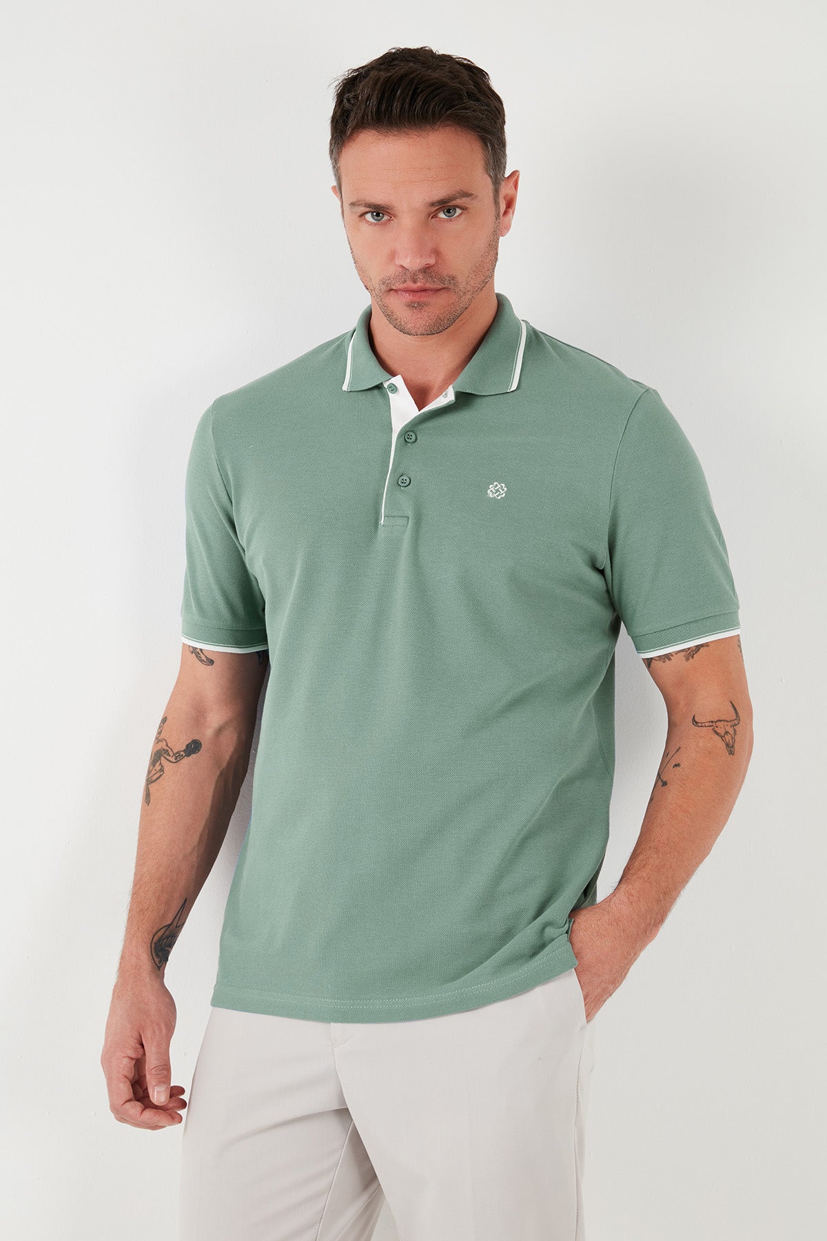 Buratti % 100 Pamuk Düğmeli Slim Fit Erkek Polo Yaka T Shirt 5902118 Elma Yeşili-Beyaz