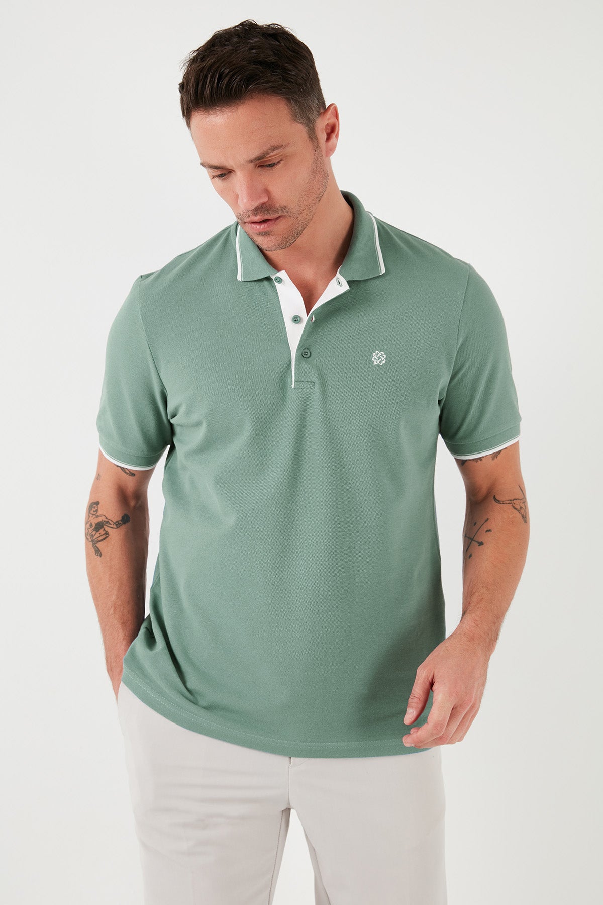 Buratti % 100 Pamuk Düğmeli Slim Fit Erkek Polo Yaka T Shirt 5902118 Elma Yeşili-Beyaz