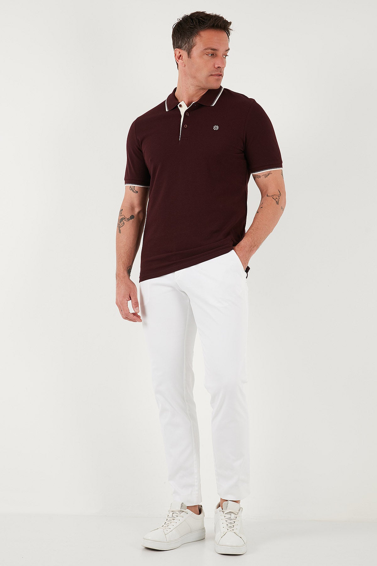 Buratti % 100 Pamuk Düğmeli Slim Fit Erkek Polo Yaka T Shirt 5902118 Vişne-Beyaz