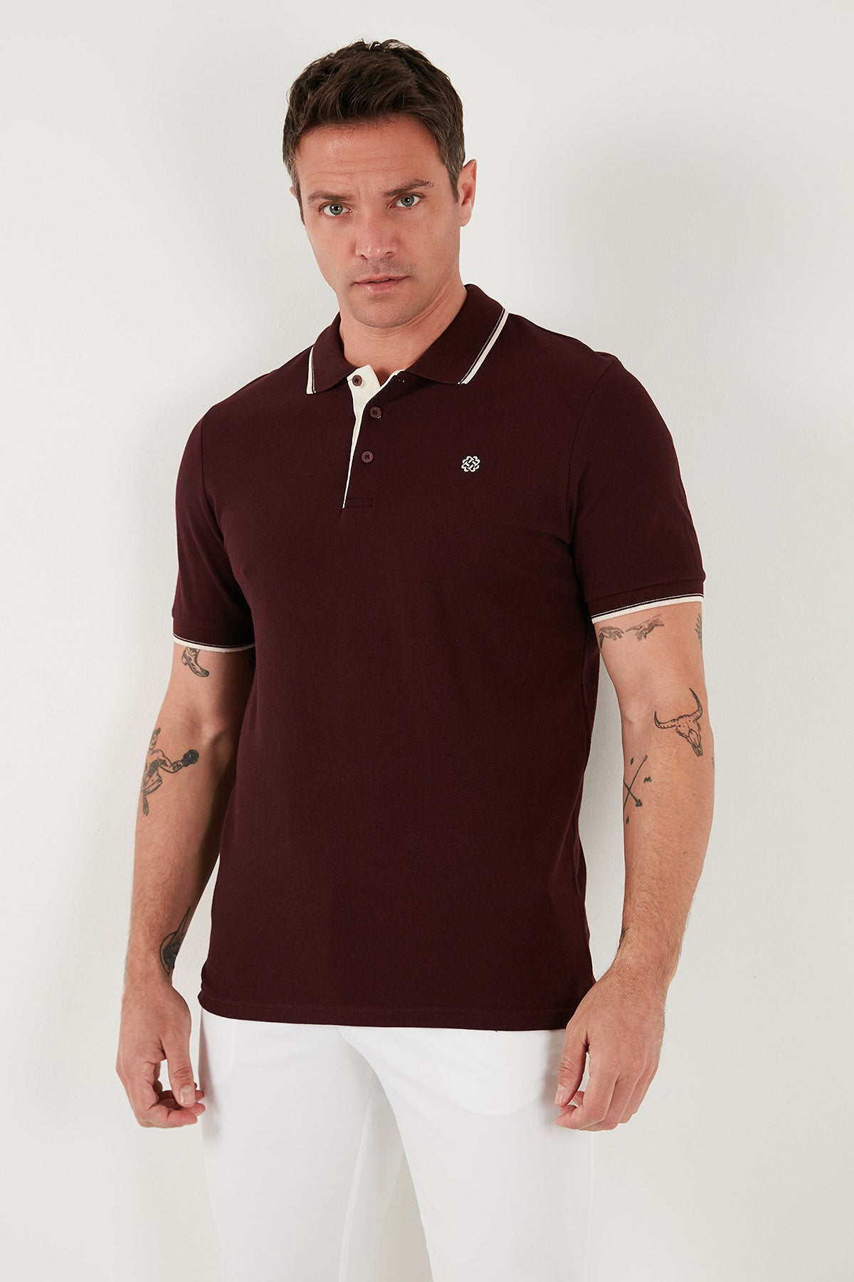 Buratti % 100 Pamuk Düğmeli Slim Fit Erkek Polo Yaka T Shirt 5902118 Vişne-Beyaz