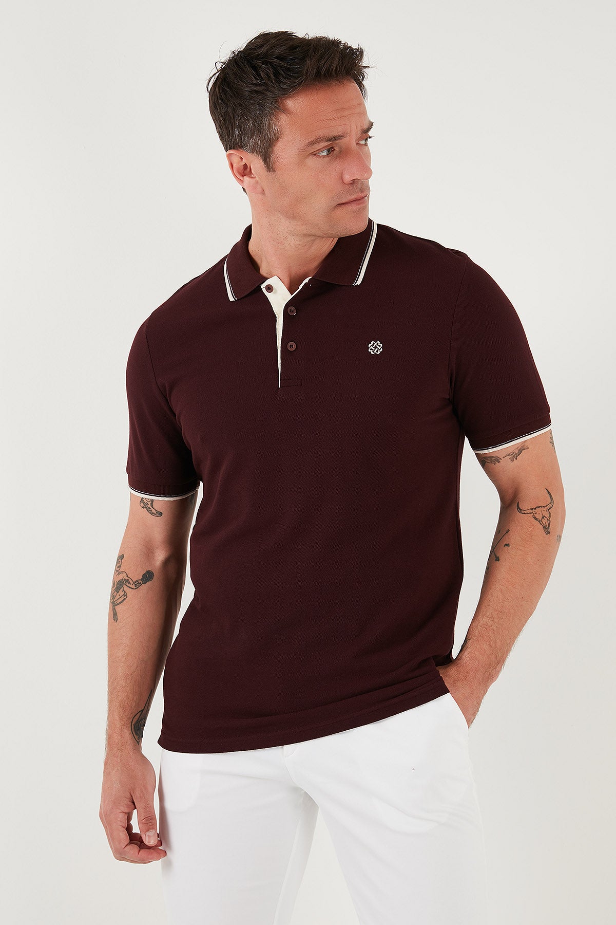 Buratti % 100 Pamuk Düğmeli Slim Fit Erkek Polo Yaka T Shirt 5902118 Vişne-Beyaz