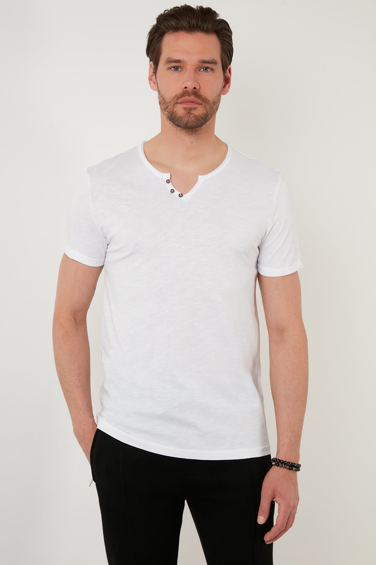 Buratti Slim Fit Düğme Detaylı % 100 Pamuk Erkek T Shirt 5902135 BEYAZ