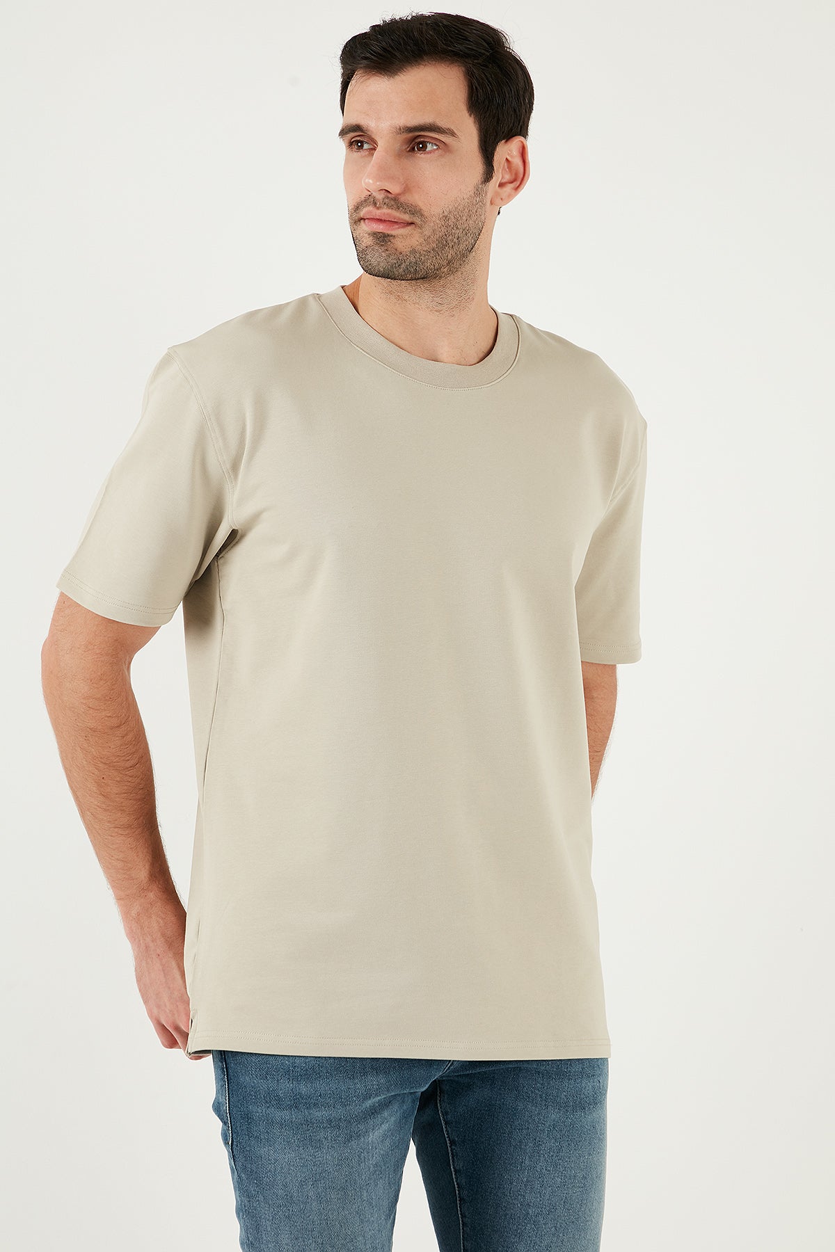 Buratti Pamuklu Bisiklet Yaka Relaxed Fit Basic Erkek T Shirt 5902610 Açık Taş