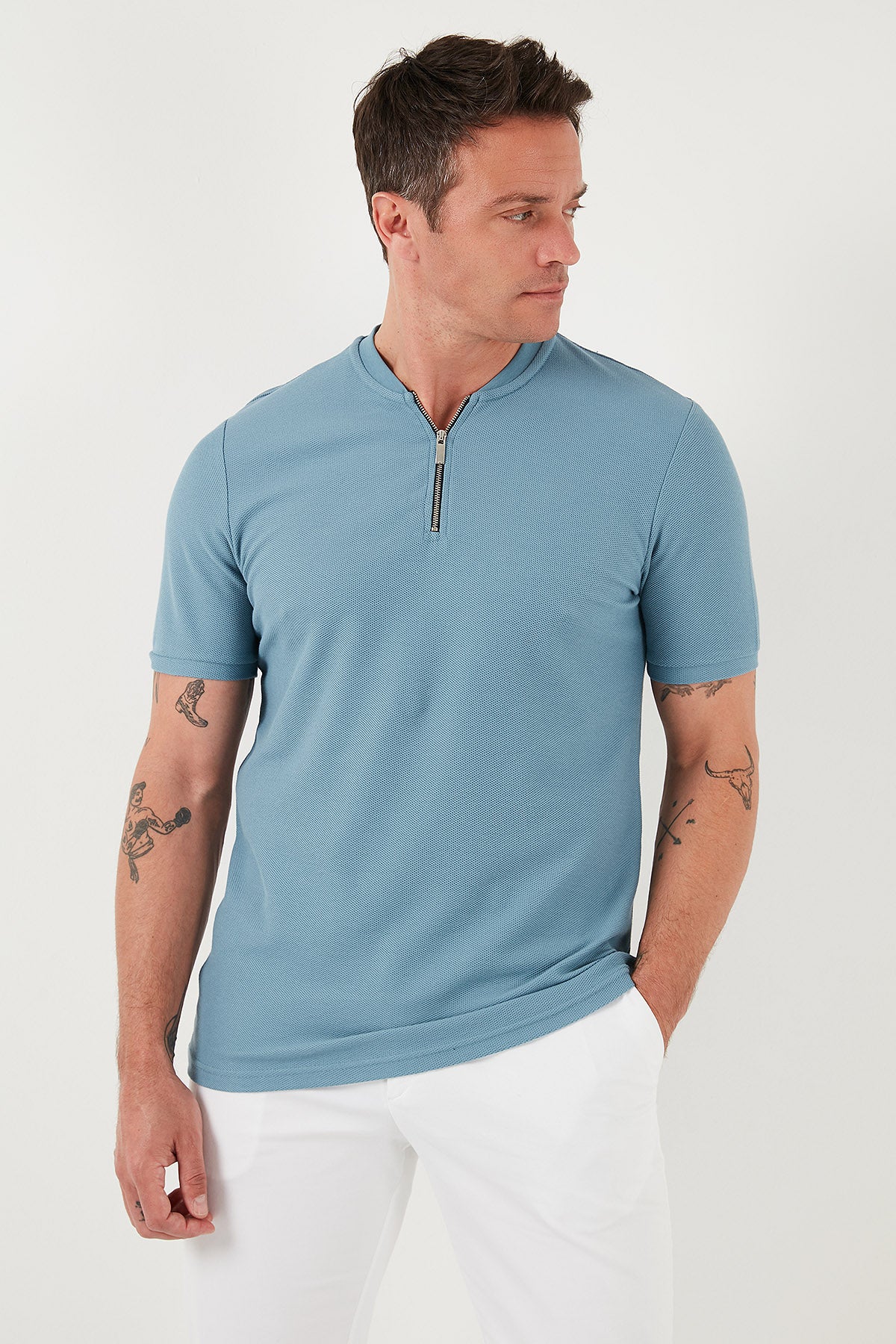 Buratti Pamuklu Regular Fit Yarım Fermuarlı Erkek T Shirt 5902653 MAVİ