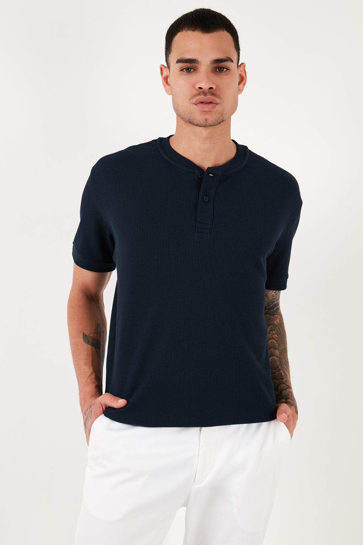 Buratti Pamuklu Relaxed Fit Düğmeli Sıfır Yaka Erkek T Shirt 5902737 İNDİGO