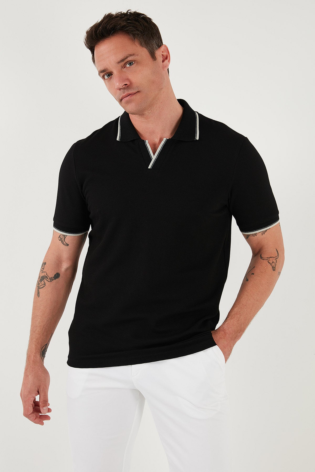 Buratti Streç Pamuklu Regular Fit Şerit Detaylı Erkek Polo Yaka T Shirt 5902768 SİYAH