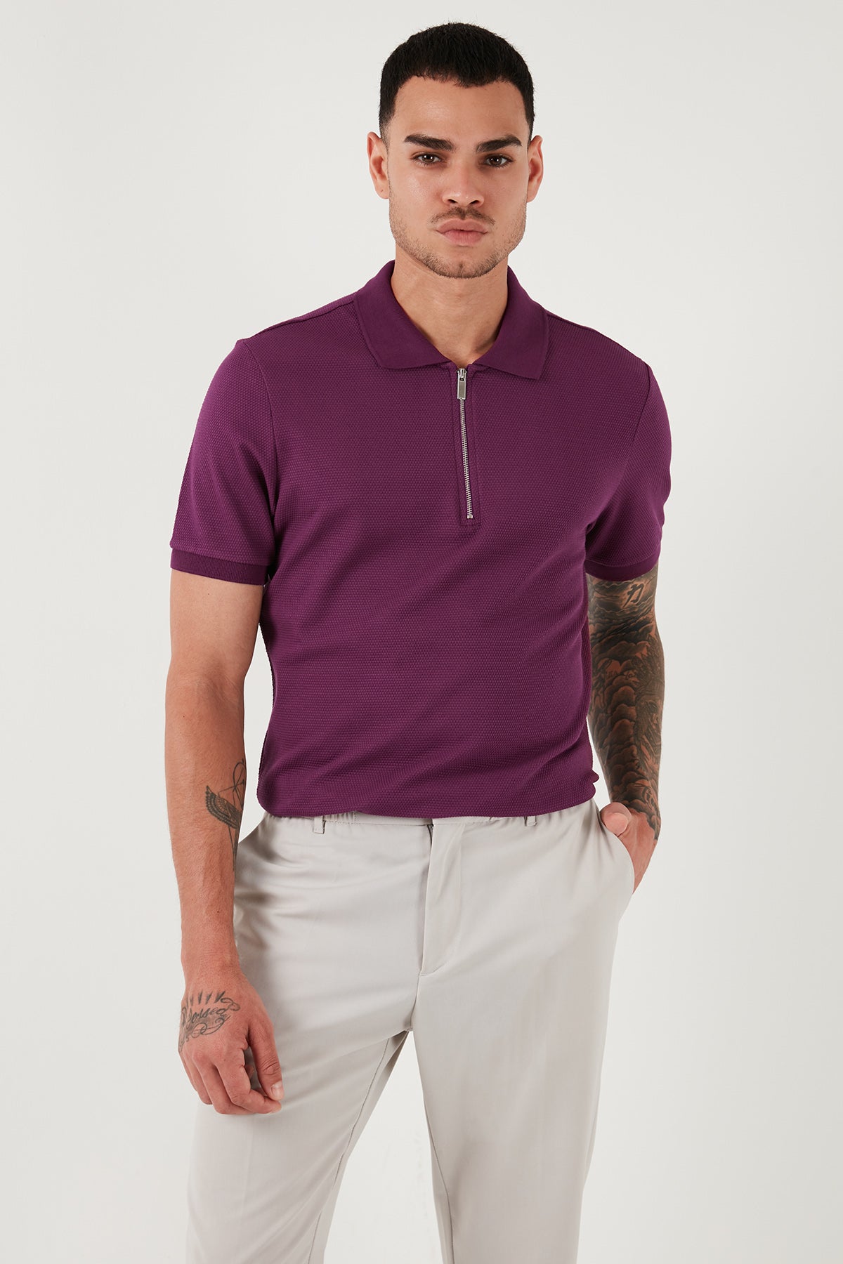 Buratti Pamuklu Regular Fit Fermuarlı Erkek Polo Yaka T Shirt 5902915 MÜRDÜM