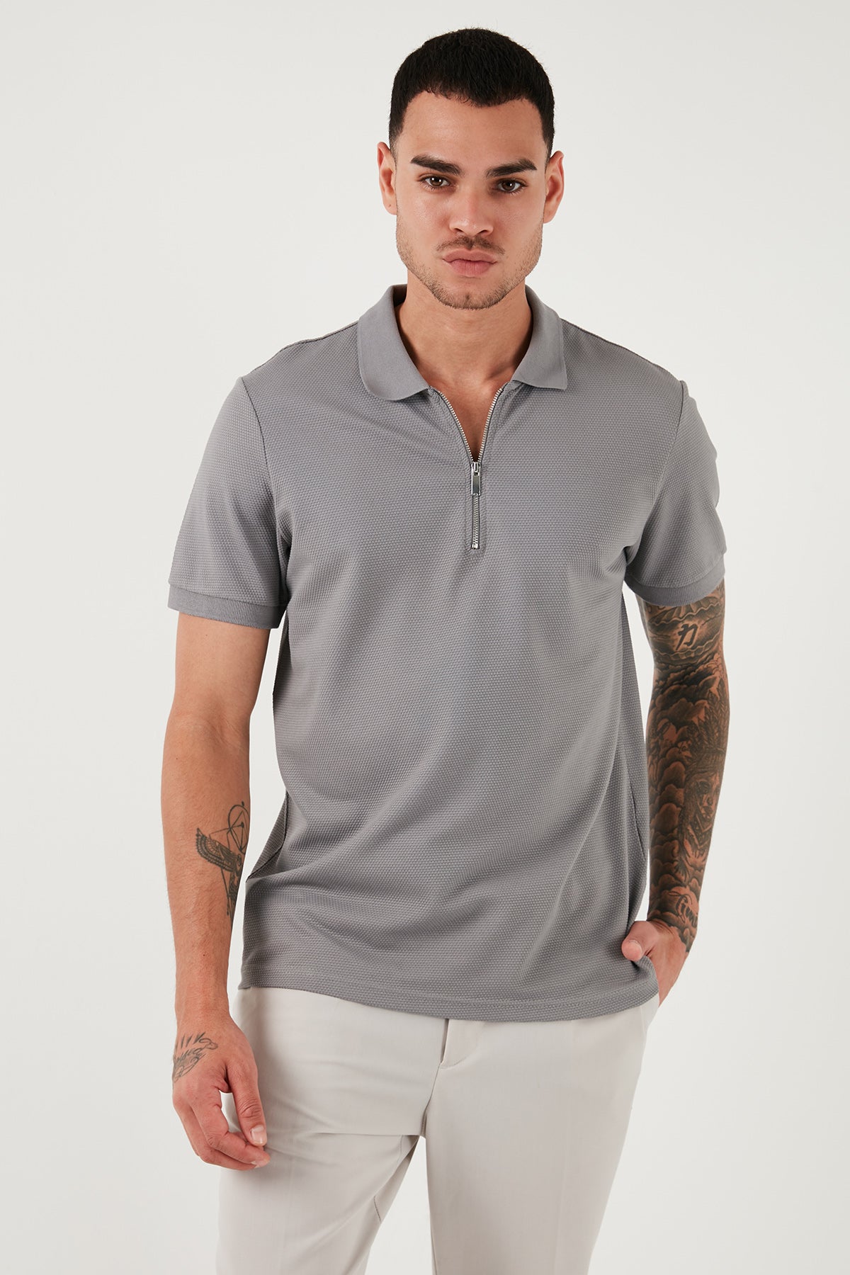 Buratti Pamuklu Regular Fit Fermuarlı Erkek Polo Yaka T Shirt 5902915 Kül