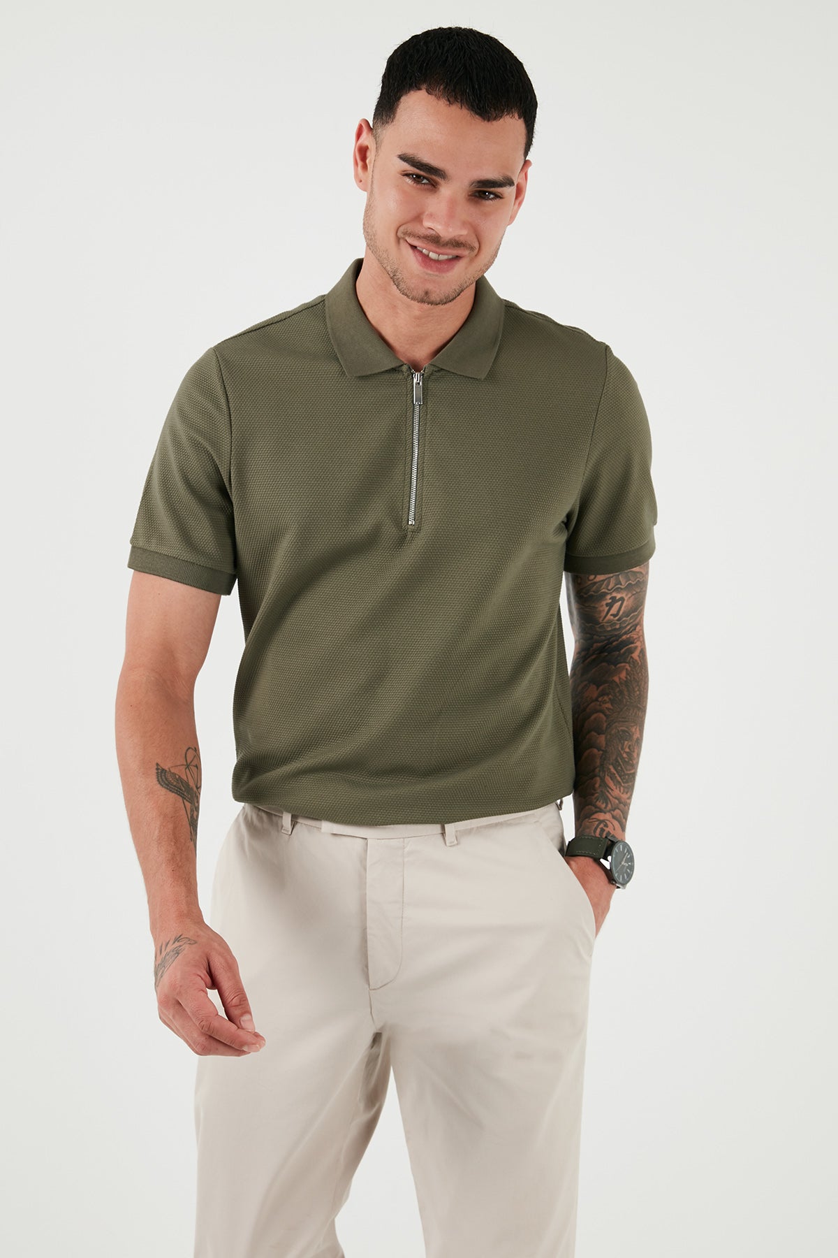 Buratti Pamuklu Regular Fit Fermuarlı Erkek Polo Yaka T Shirt 5902915 HAKİ