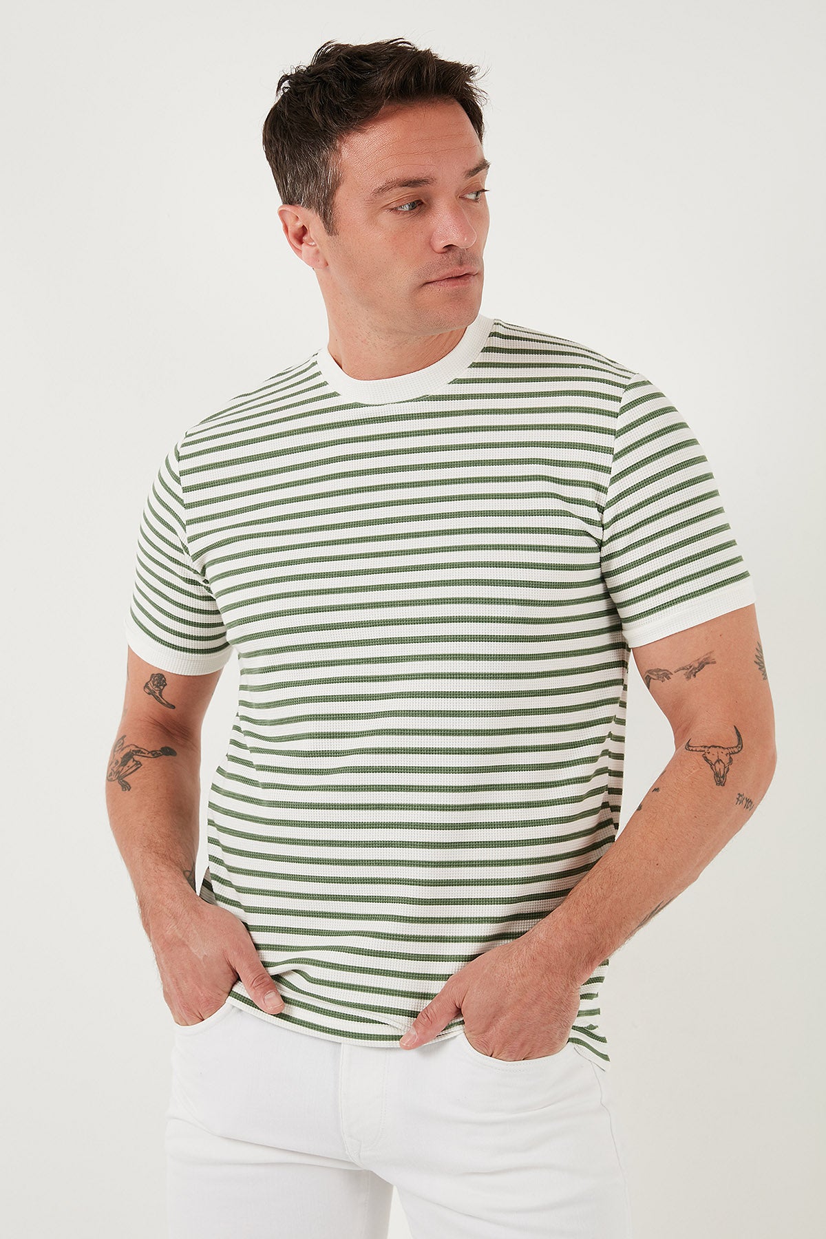 Buratti Pamuklu Çizgili Regular Fit Bisiklet Yaka Erkek T Shirt 5903005 ELMA YEŞİLİ