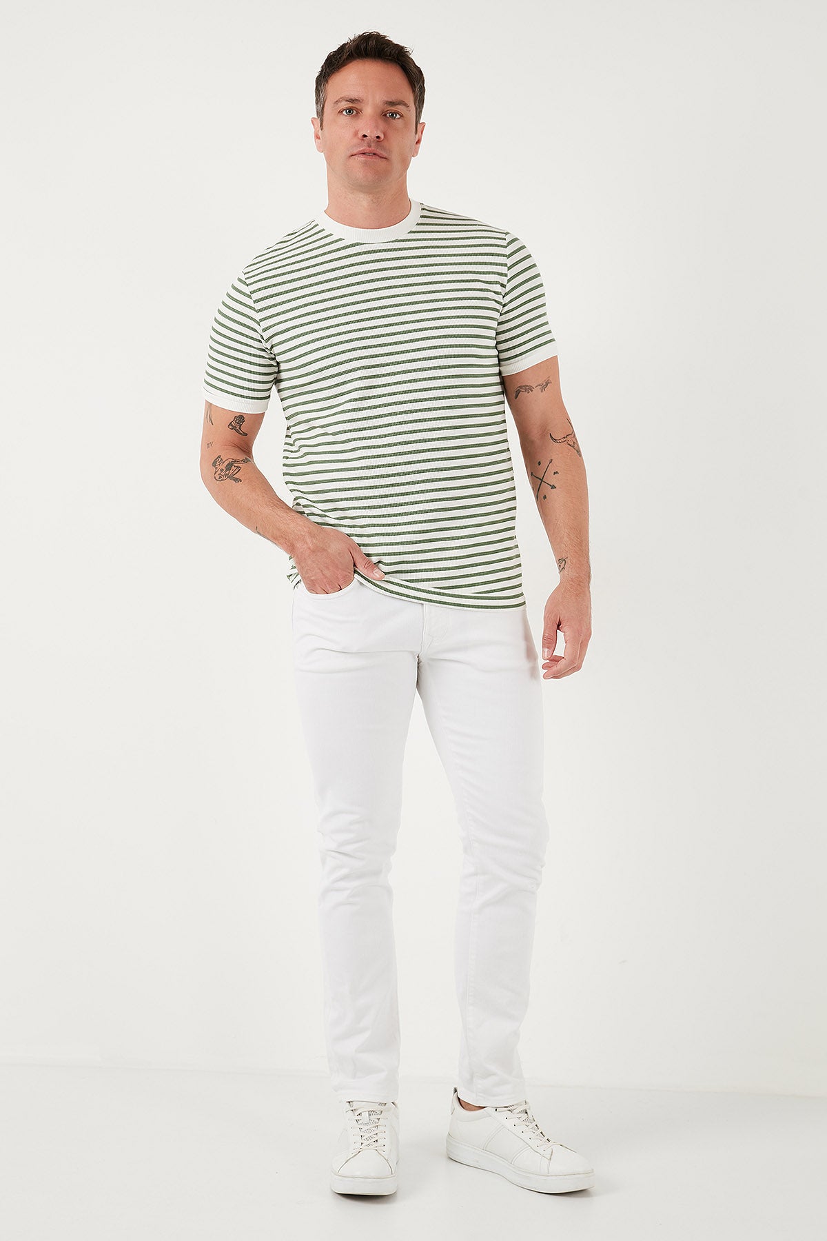 Buratti Pamuklu Çizgili Regular Fit Bisiklet Yaka Erkek T Shirt 5903005 ELMA YEŞİLİ