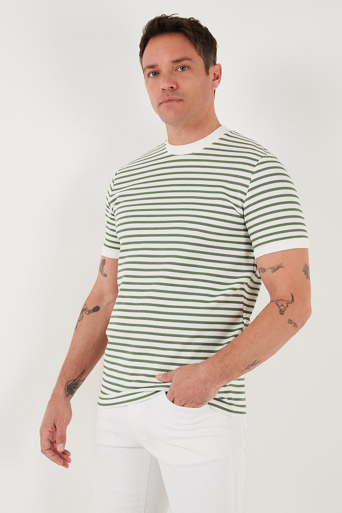 Buratti Pamuklu Çizgili Regular Fit Bisiklet Yaka Erkek T Shirt 5903005 ELMA YEŞİLİ