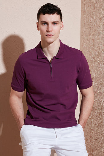 Buratti Pamuklu Regular Fit Yarım Fermuarlı Polo Yaka T Shirt Erkek Polo Yak T Shirt 5903008 MÜRDÜM