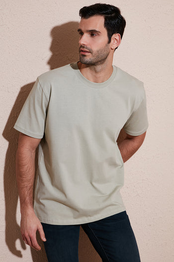 Buratti Pamuklu Relaxed Fit Sıfır Yaka Erkek T Shirt 5905446 Açık Taş