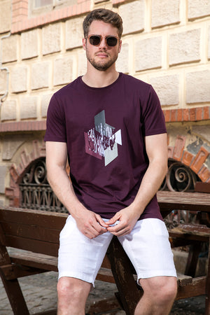 Buratti Baskılı % 100 Pamuk Bisiklet Yaka Slim Fit Erkek T Shirt 646B3840 MÜRDÜM