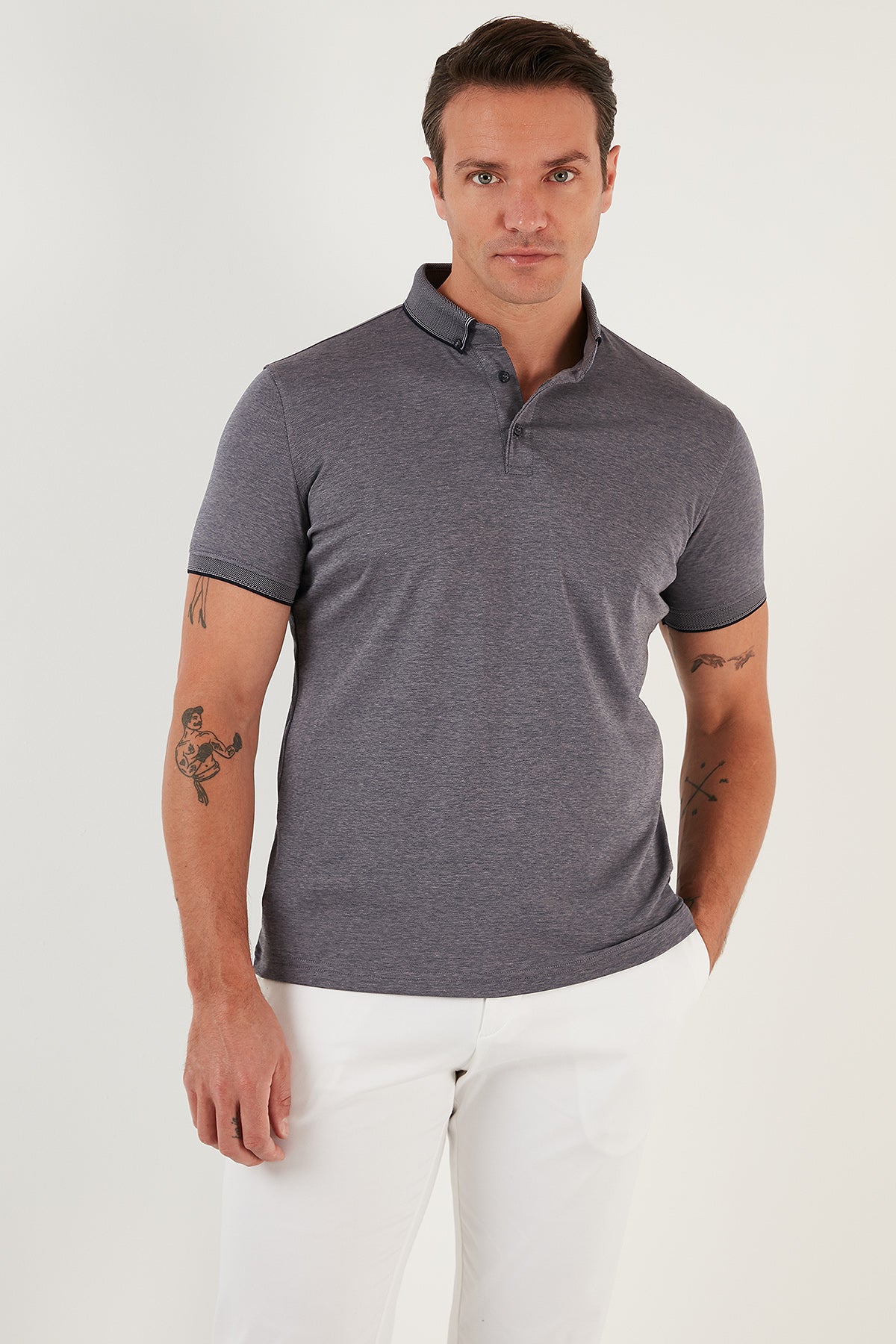 Buratti Pamuklu Slim Fit Erkek Polo Yaka T Shirt 646R1000 LACİVERT-GRİ