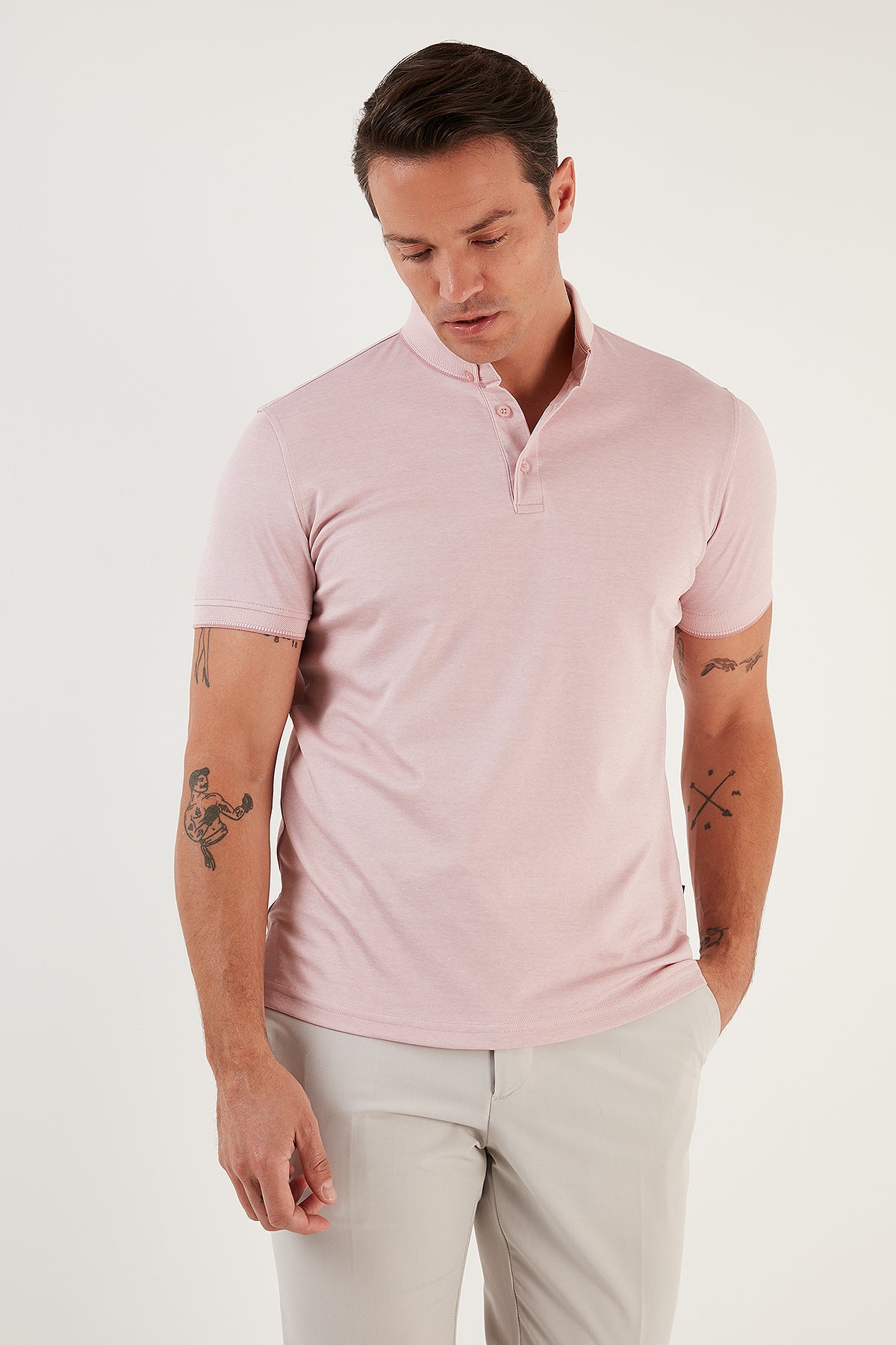 Buratti Pamuklu Slim Fit Erkek Polo Yaka T Shirt 646R1000 Beyaz-Rose