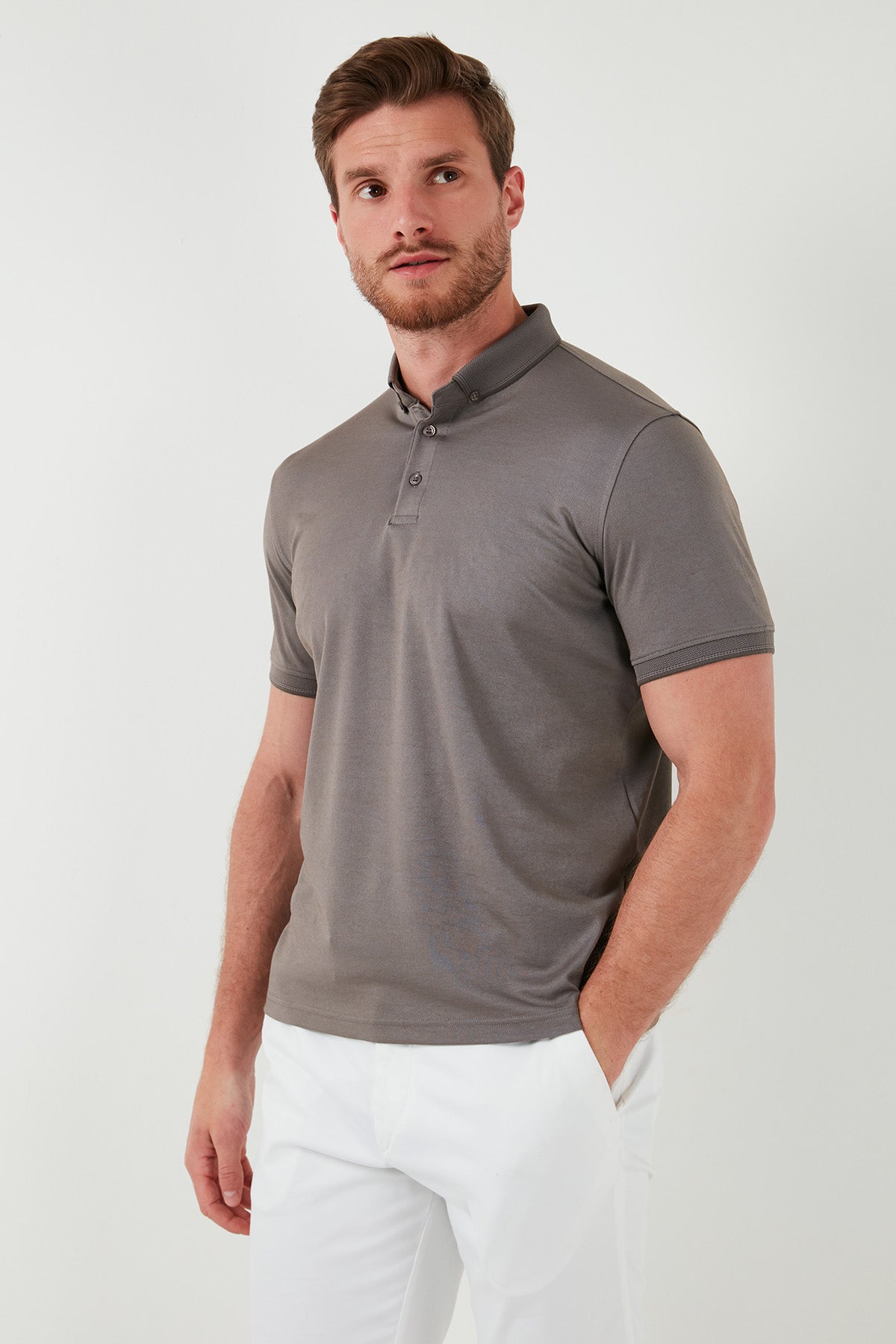 Buratti Pamuklu Slim Fit Erkek Polo Yaka T Shirt 646R1000 Vizon-Füme