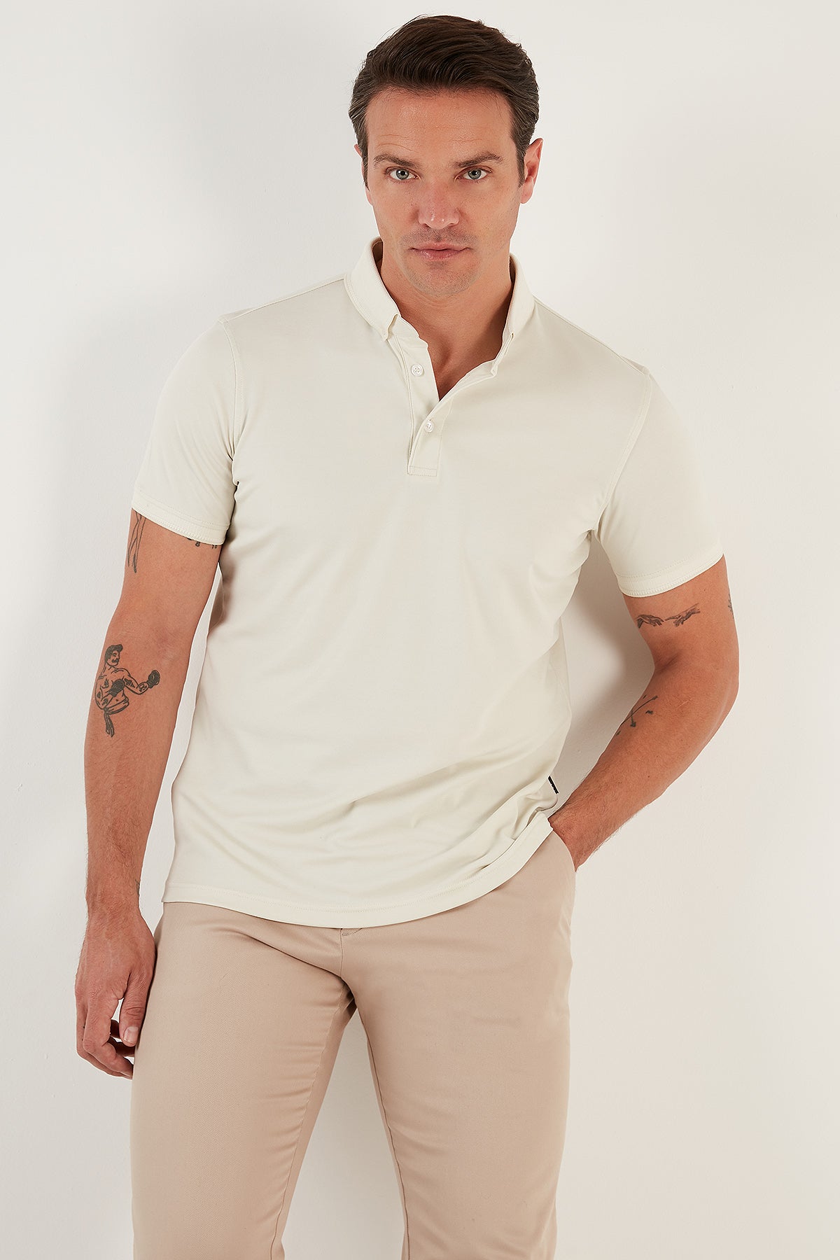 Buratti Pamuklu Slim Fit Erkek Polo Yaka T Shirt 646R1000 Ekru-Beyaz