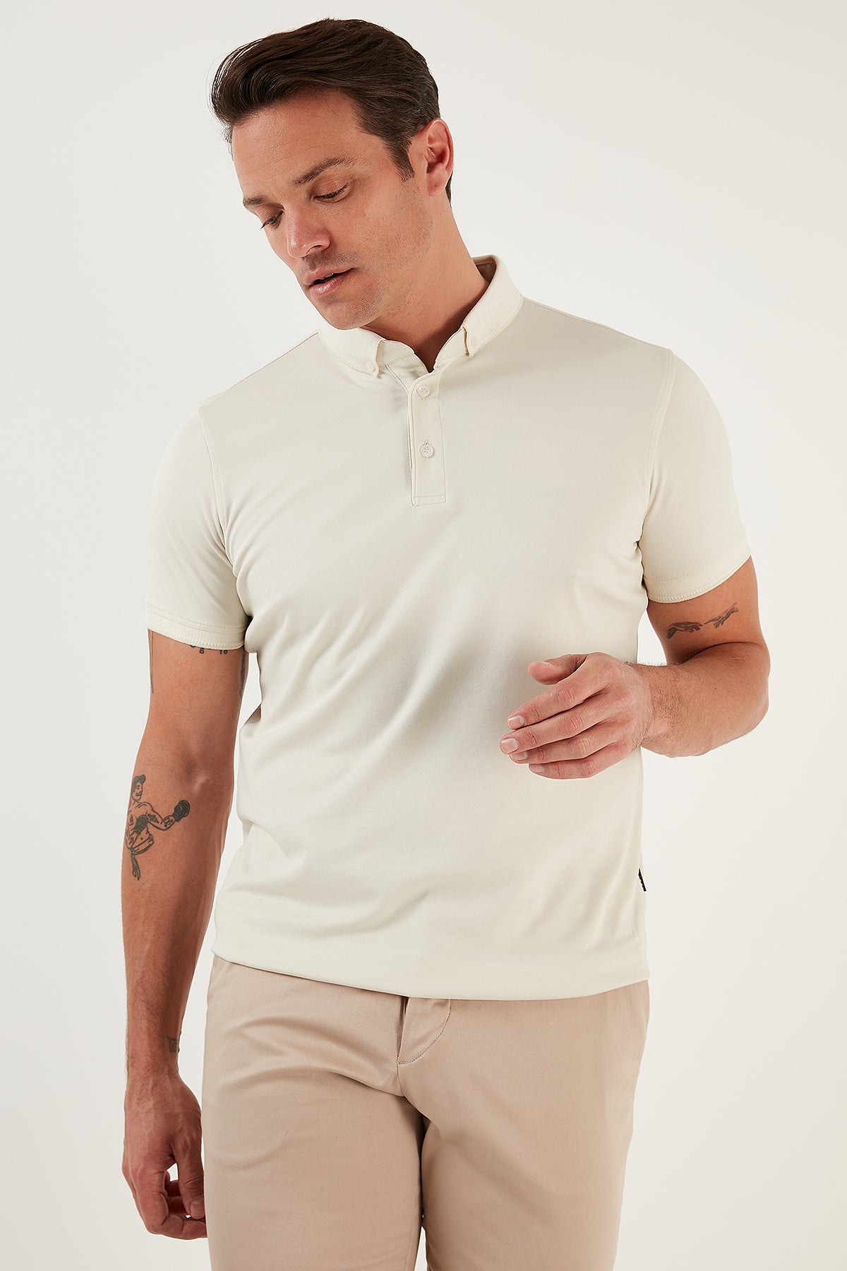 Buratti Pamuklu Slim Fit Erkek Polo Yaka T Shirt 646R1000 Ekru-Beyaz