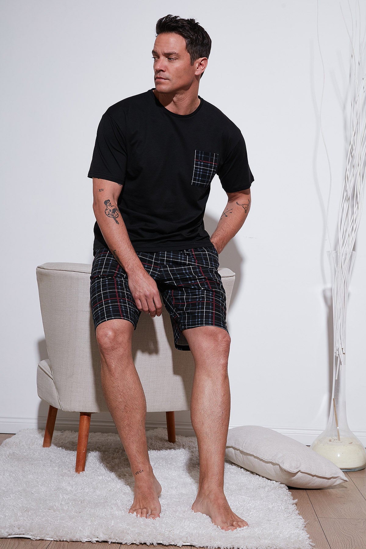 Buratti Kareli Regular Fit Pamuklu Bisiklet Yaka Kısa Kollu Şortlu Erkek Pijama Takımı 6572020 SİYAH