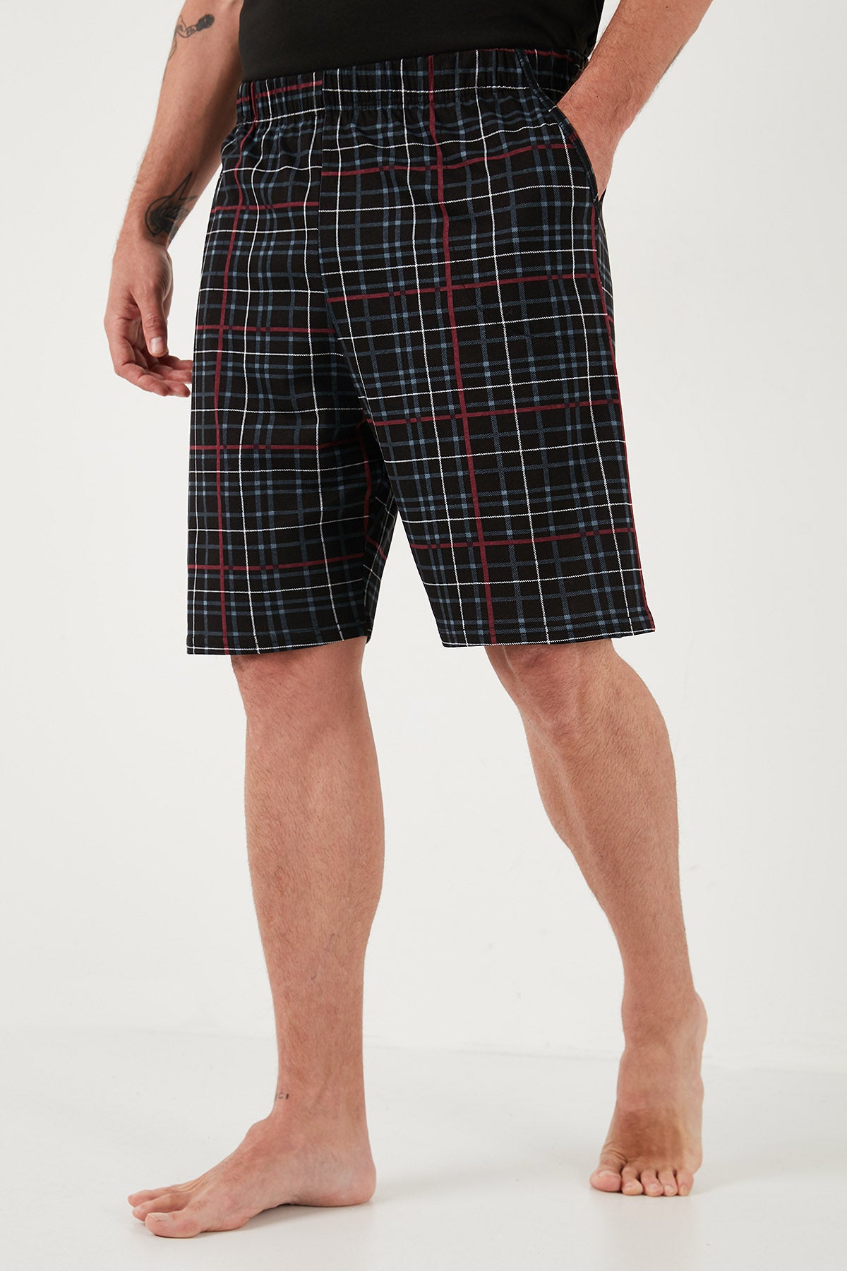 Buratti Kareli Regular Fit Pamuklu Bisiklet Yaka Kısa Kollu Şortlu Erkek Pijama Takımı 6572020 SİYAH