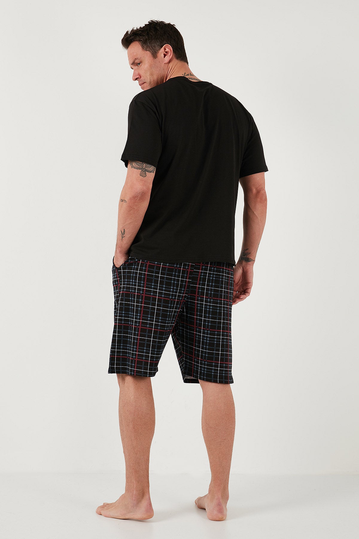Buratti Kareli Regular Fit Pamuklu Bisiklet Yaka Kısa Kollu Şortlu Erkek Pijama Takımı 6572020 SİYAH