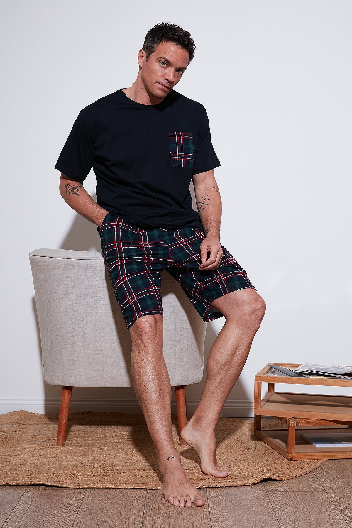 Buratti Kareli Regular Fit Pamuklu Bisiklet Yaka Kısa Kollu Şortlu Erkek Pijama Takımı 6572020 LACİVERT